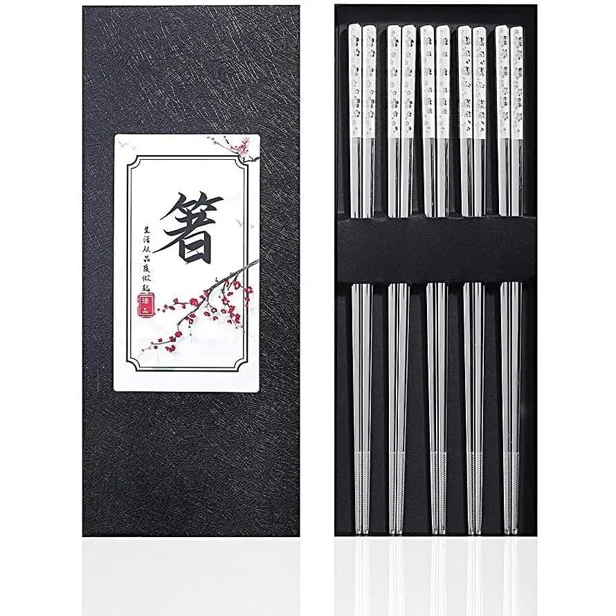 5-piece Set of Stainless Steel Chopsticks Gift Box, Anti-slip Reusable Stainless Steel Tableware, Rust-proof and Smooth, Universal Chopsticks, Durable Household Dining Utensils, Suitable for Daily Meals and As Gifts on Festivals