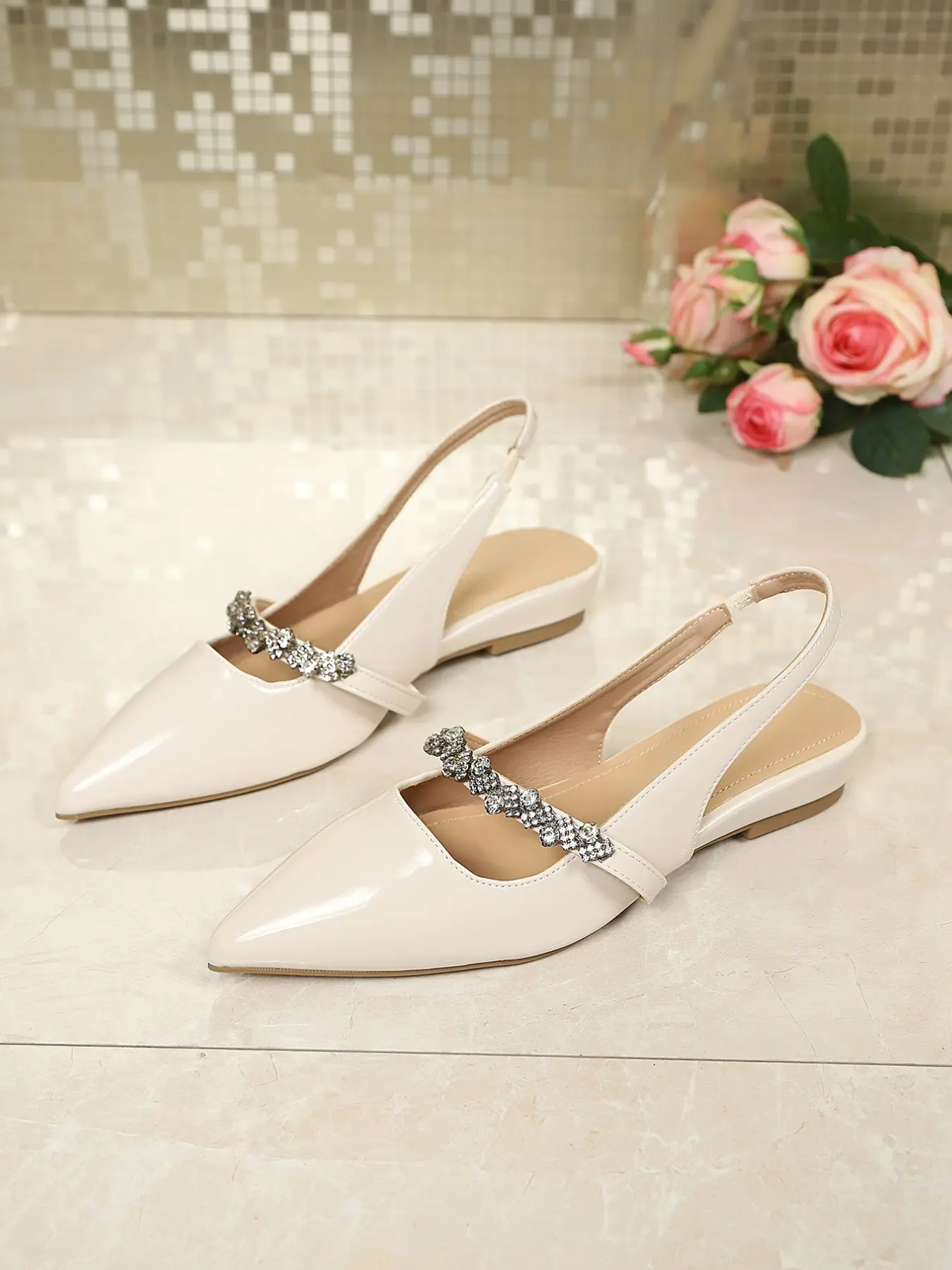 Women Slingback Flat Shoes Elegant Footwear Pointed Toe Mules Trendy Rhinestone Strap Patent Backless Sandals Office Wedding Guest Date Daily Shopping Outfits 2 Colors Off White Nude