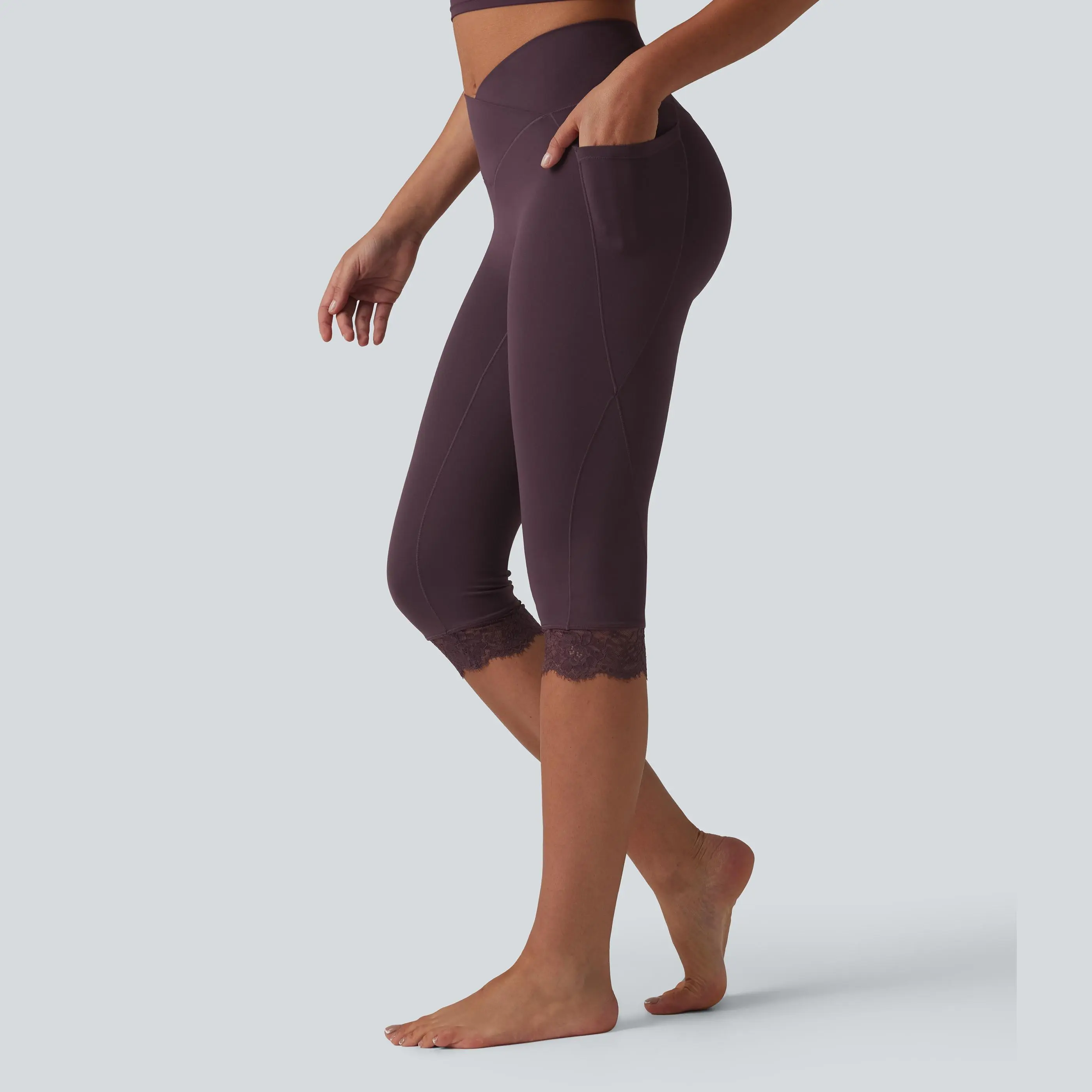 Halara SoftlyZero Crossover High Waisted Contrast Lace Yoga Pedal Pusher Leggings with Pockets-UPF50+