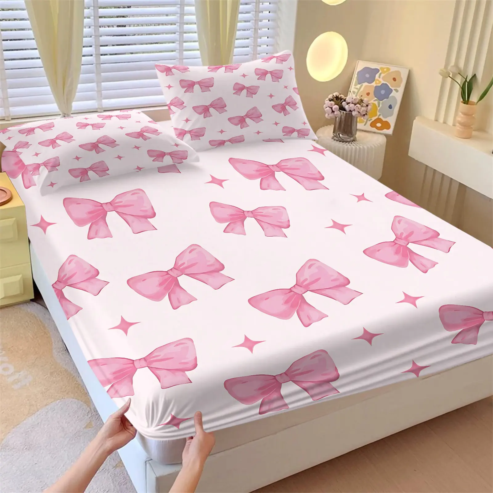 3PCS White Base Pink Bow Star Fitted Sheet Set (1 Fitted Sheet + 2 Pillowcases, No Pillows Included),Soft Breathable Fabric,Home HD Digital Printing,Cute Girly All Season Bedding,Bedding Essentials,Sweet Girly Summer Vibes, Bedsheet Set, Bed Sheet Sets