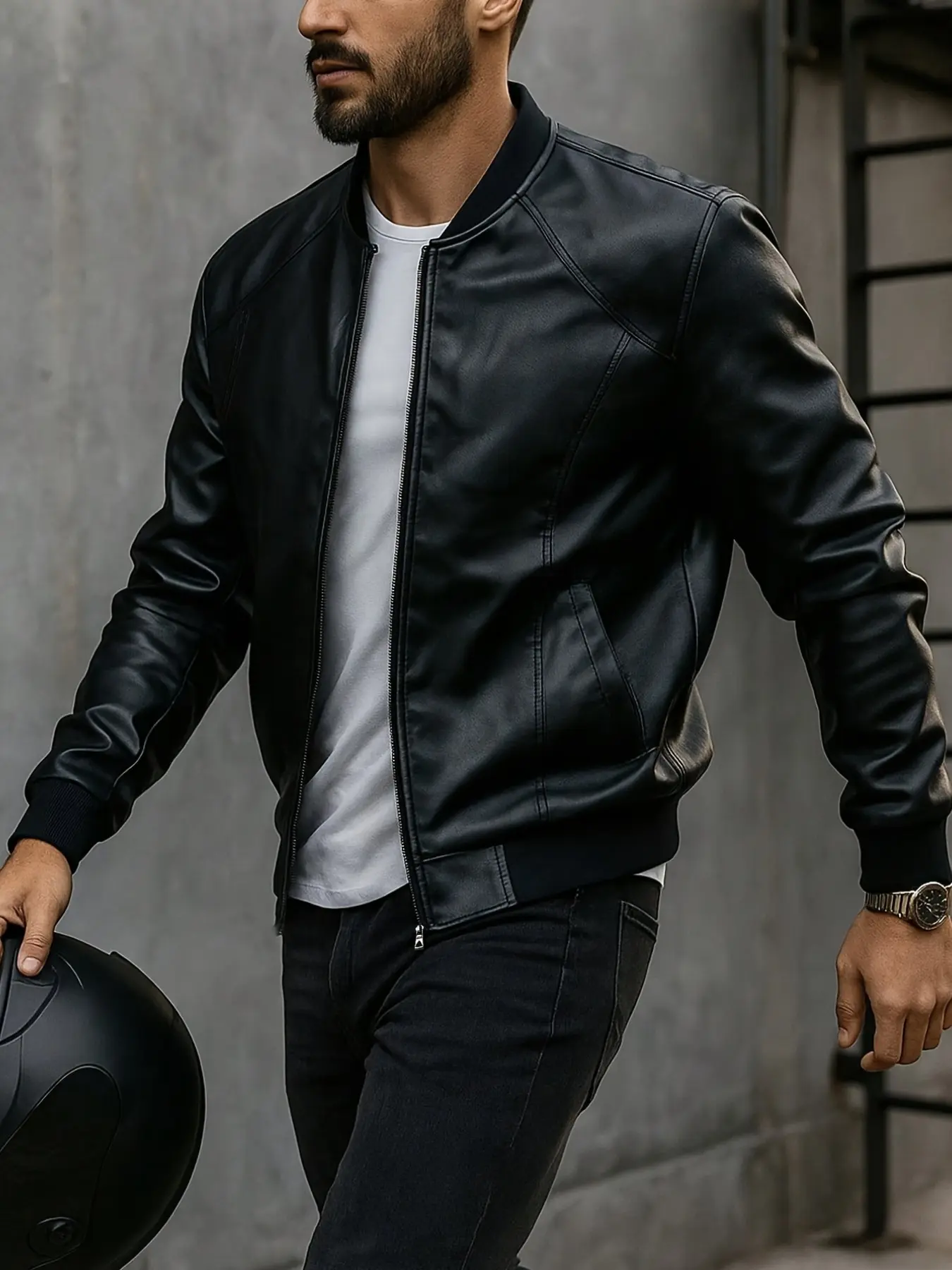 Men's Autumn Winter Casual Baseball Neck Artificial Leather Jacket, Vintage Style Vibe, Slim Fit, Perfect Gift for Husband, Christmas Halloween Present