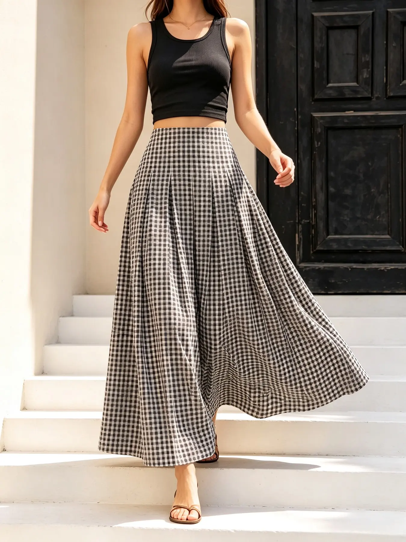 High Waist Gingham Pleated Maxi Skirt Casual Swing Plaid Long Skirt Daily Vacation Streetwear Vintage Black White Checkered A Line Long Skirt Breathable Loose Holiday Casual Bottom Skirt Retro Plaid Pleated Flowy Maxi Skirt High Waist Summer Outdoor Trave