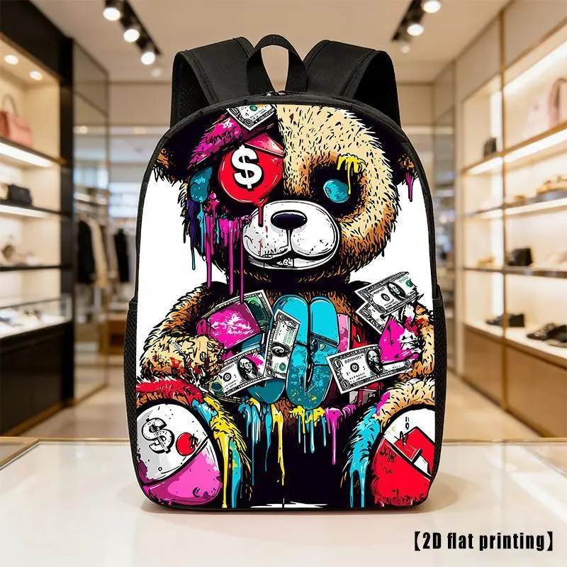Bear Graffiti lightweight large-capacity unisex backpack with adjustable shoulder straps, side pockets for casual wear, commuting, and multiple uses. Ideal for hiking, climbing, and exploring, as well as a laptop bag. school