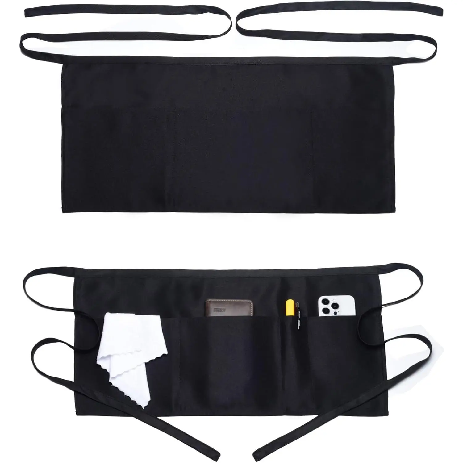 2 Pack Server Apron with 4 Pockets, Waitress Waiter Waist WaterDrop Resistant Short Aprons