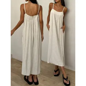 Spring Summer Women's Sleeveless Backless Spaghetti Strap Plain Basic Dress, Comfortable Breathable Loose Long Dress, Casual Fashion for Daily Wear, Casual Fashionable Dress