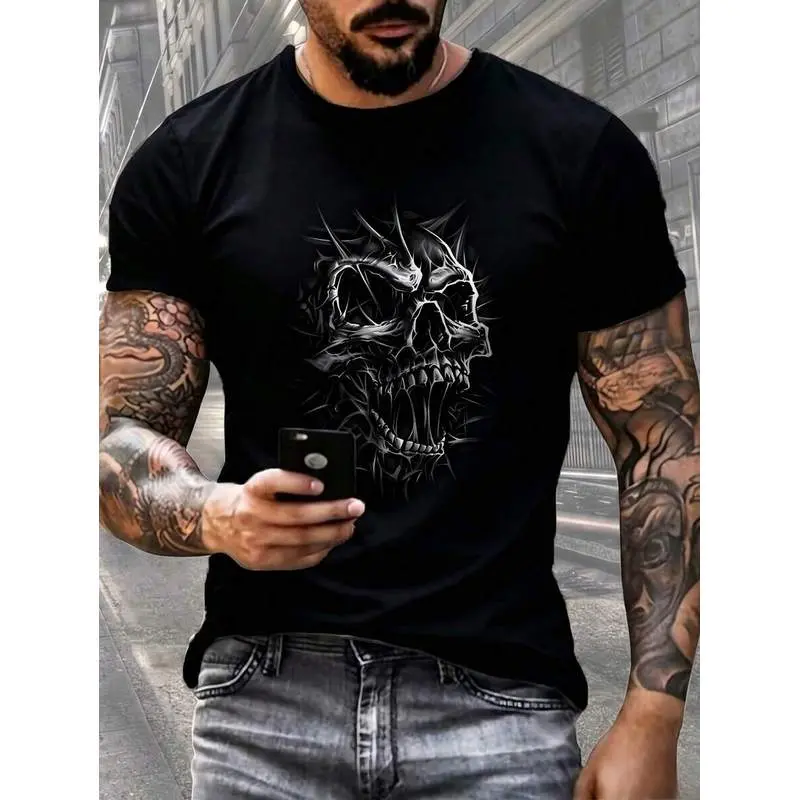 Men'S Edgy 3D Skull Print T-Shirt - Black Crew Neck Short Sleeve Top, Polyester Blend, Machine Washable, Summer Fashion, Everyday Comfort| Edgy Casua
