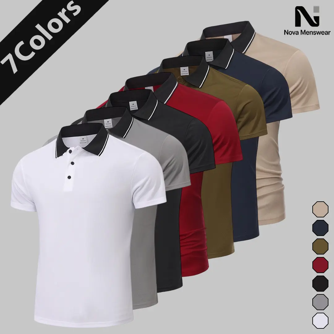 Men's Contrast Collar Short Sleeve Polo Shirts, Classic 3 Button Lapel Business Casual Tops, Lightweight Breathable Summer Uniform Tees, Slim Fit Striped Trim Minimalist Work Polo Tops for Men, Mens Contrast Collar Polo Shirts Bulk Eagle wear