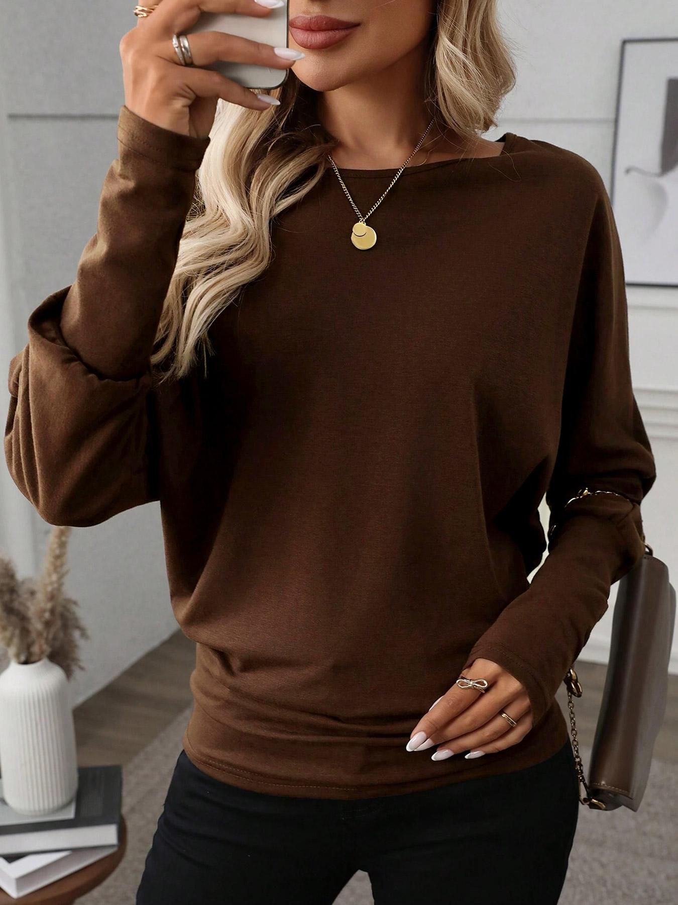 Women's Batwing Sleeve Solid Color T-Shirt, Elastic Long Sleeve Top, Casual Fashion Warm Base Layer, Perfect for Daily Wear & Parties