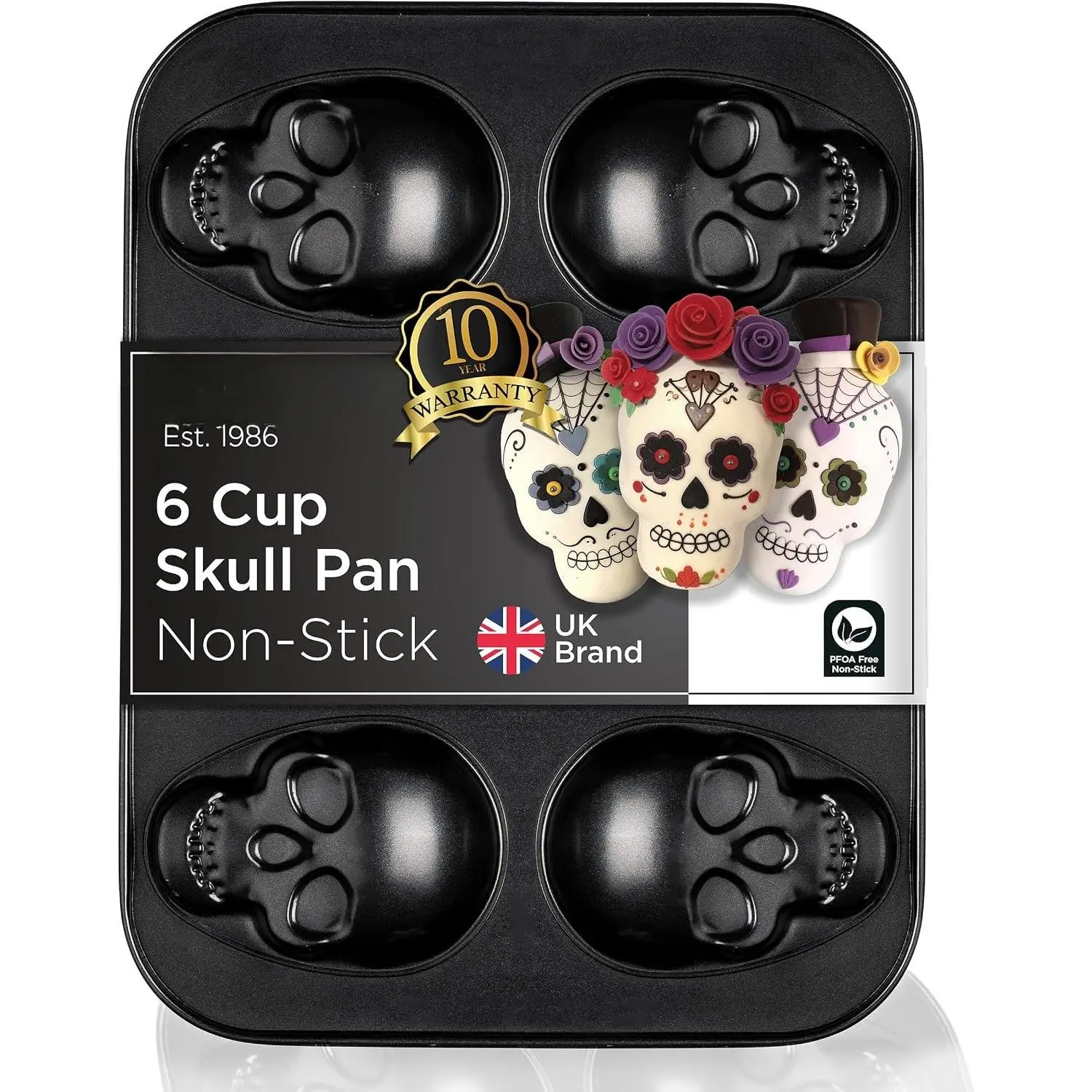 Large Skull Baking Pan - 6 Cup Metal Muffin Tin for Pizza Cupcakes | Durable Non Stick Skeleton Mold for Halloween and Year-Round Baking