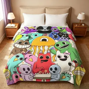 Cartoon Monster Illustration Thickened Flannel Blanket, Soft Warm Polyester All Season Throw for Sofa Bed Office Camping, Creative Gift for Adults and Children, Kid-Friendly Halloween Christmas Gift