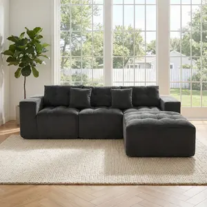 Aobtkel® 101in L-Shaped Modular Compression Couch, 3-Seater Corduroy Cloud Sofa with Movable Footrest, Free DIY Combination for Living Room, Bedroom (Gray)