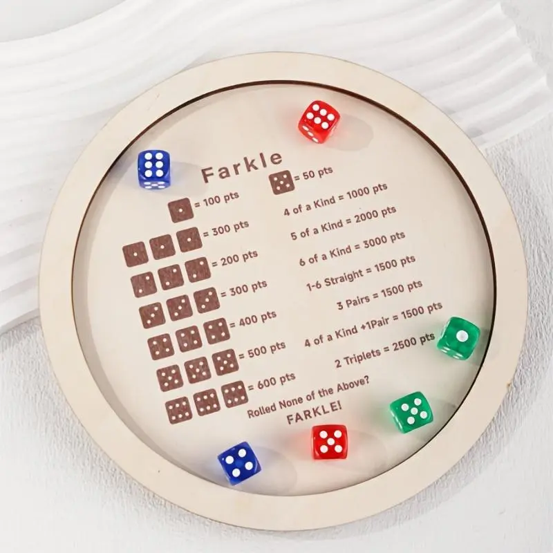 Wooden Farkle Dice Game Set - 6 Dice, 1 Tray, Unisex Classic Tabletop Game for Family Gatherings & Travel, OH00028
