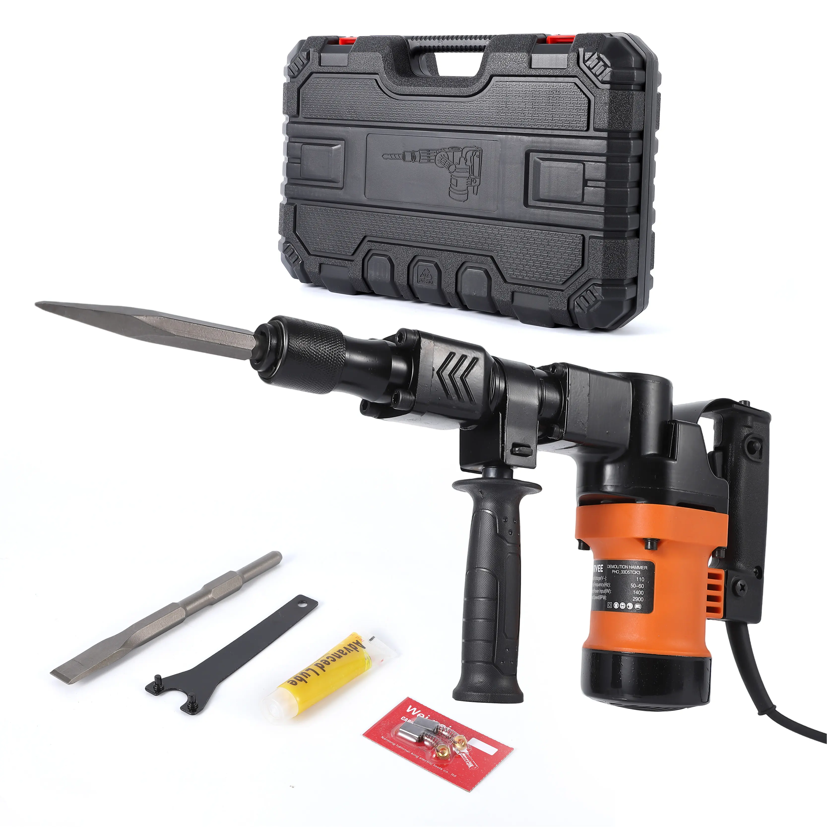 1400W Electric Demolition Hammer – Heavy Duty Concrete Breaker – 2900 BPM, Quick-Change Chuck, Anti-Vibration Handle – Includes 2 Chisels & Carrying Case
