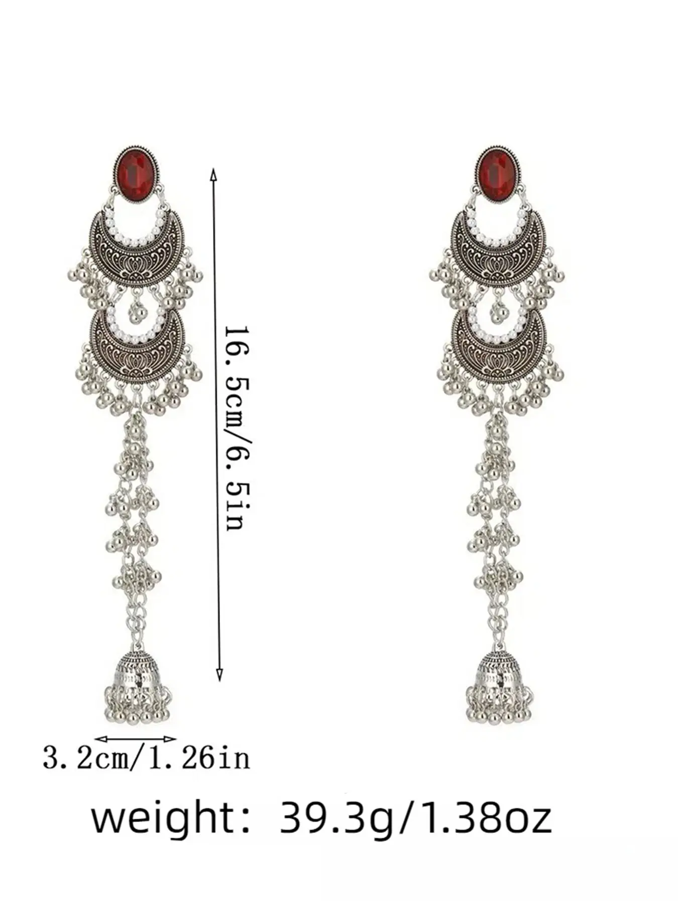 1 Pair Vintage Silver Indian Jhumka Earrings for Women, Emerald Green Gemstone Chandbali Crescent Drop Earrings, Long Tassel Ghungroo Bell Dangle Earrings, Boho Tribal Festival Bollywood Bridal Jewelry, Party Earrings (1 Pair)