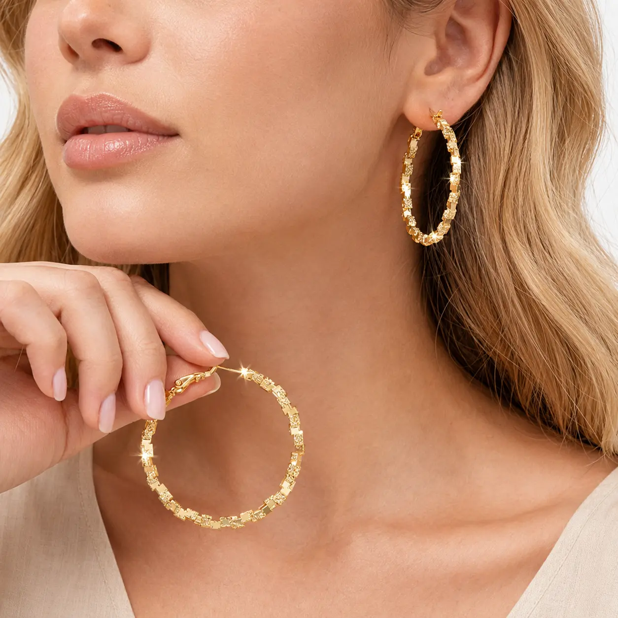 Gold Hoop Earrings for Women, 40mm Textured Large Hoop Earrings, 24K Gold Tone Plated Copper Hoops with Hinged Clasp, Lightweight Statement Round Earrings, Vintage Fashion Jewelry for Daily Wear Party Date Night
