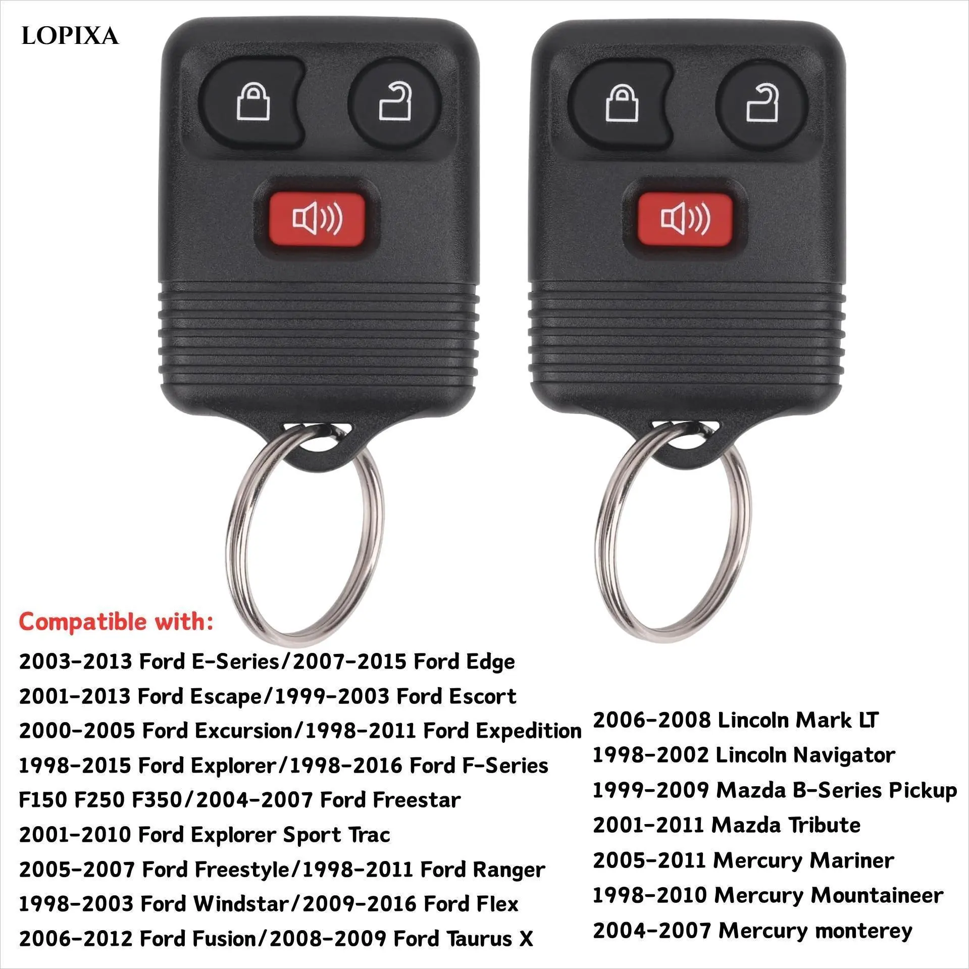 Lopixa Replacement Key Fob—Compatible only with 1998–2016 Ford F-150, F-250, F-350, Escape, Expedition, Explorer, and Ranger models, as well as select model years and chip types (CWTWB1U331, CWTWB1U34) from Mazda and Lincoln | Requires manual programming