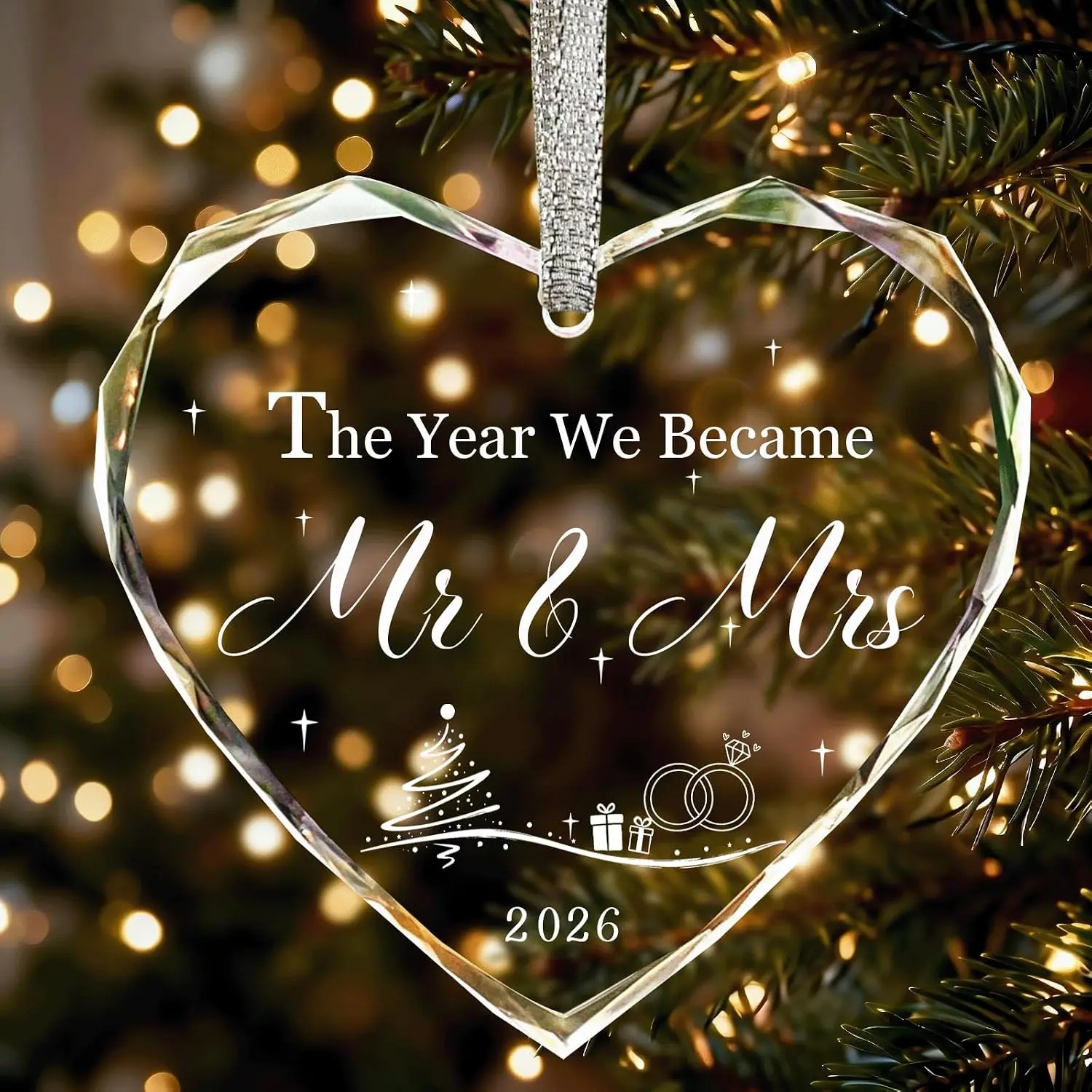 2026 Glass Lighted Christmas Tree Ornament for Newlywed Mr and Mrs - Wedding Gift, Bridal Shower Gift Idea, First Married Christmas Decor-05, Light