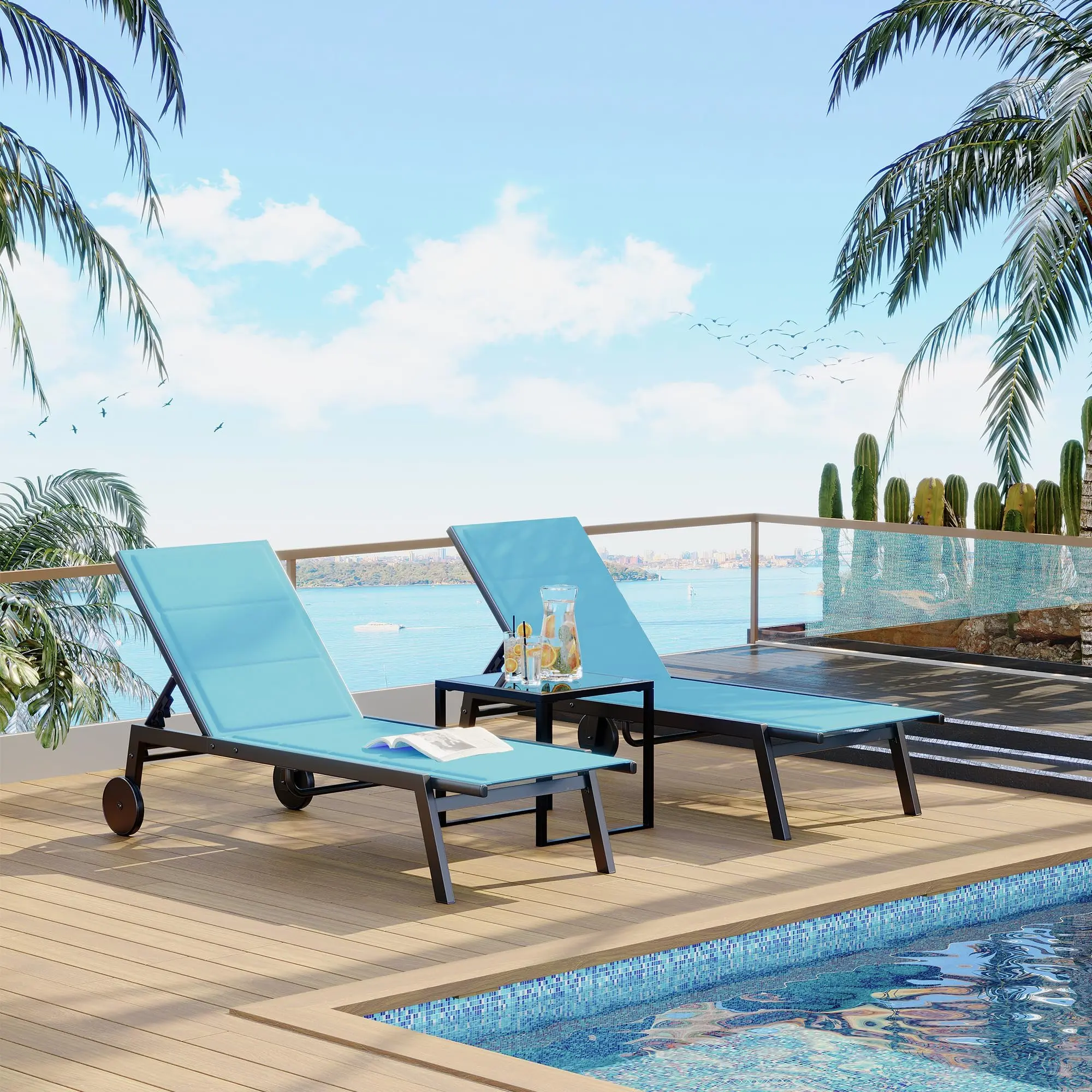 GARVEE Outdoor Lounge Chairs with Wheels, Adjustable Backrest Poolside Loungers, Patio Chaise Lounge Chairs with Side Table Set of 3