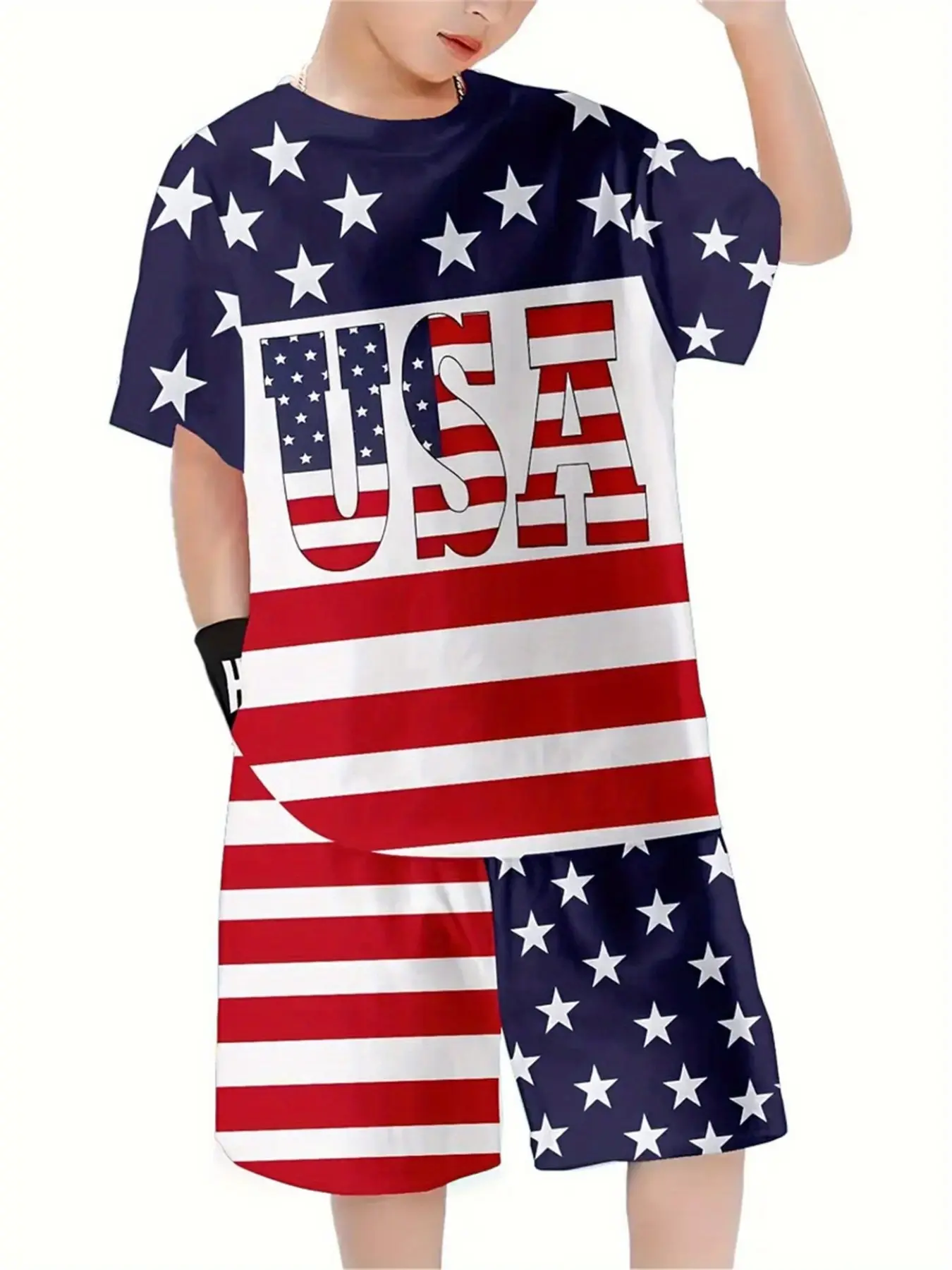 American Flag Print Pattern Casual Set, Short Sleeve T-Shirt + Shorts, Unisex Couple Summer Fashion Sportswear, Loose-Fitting, No Collar