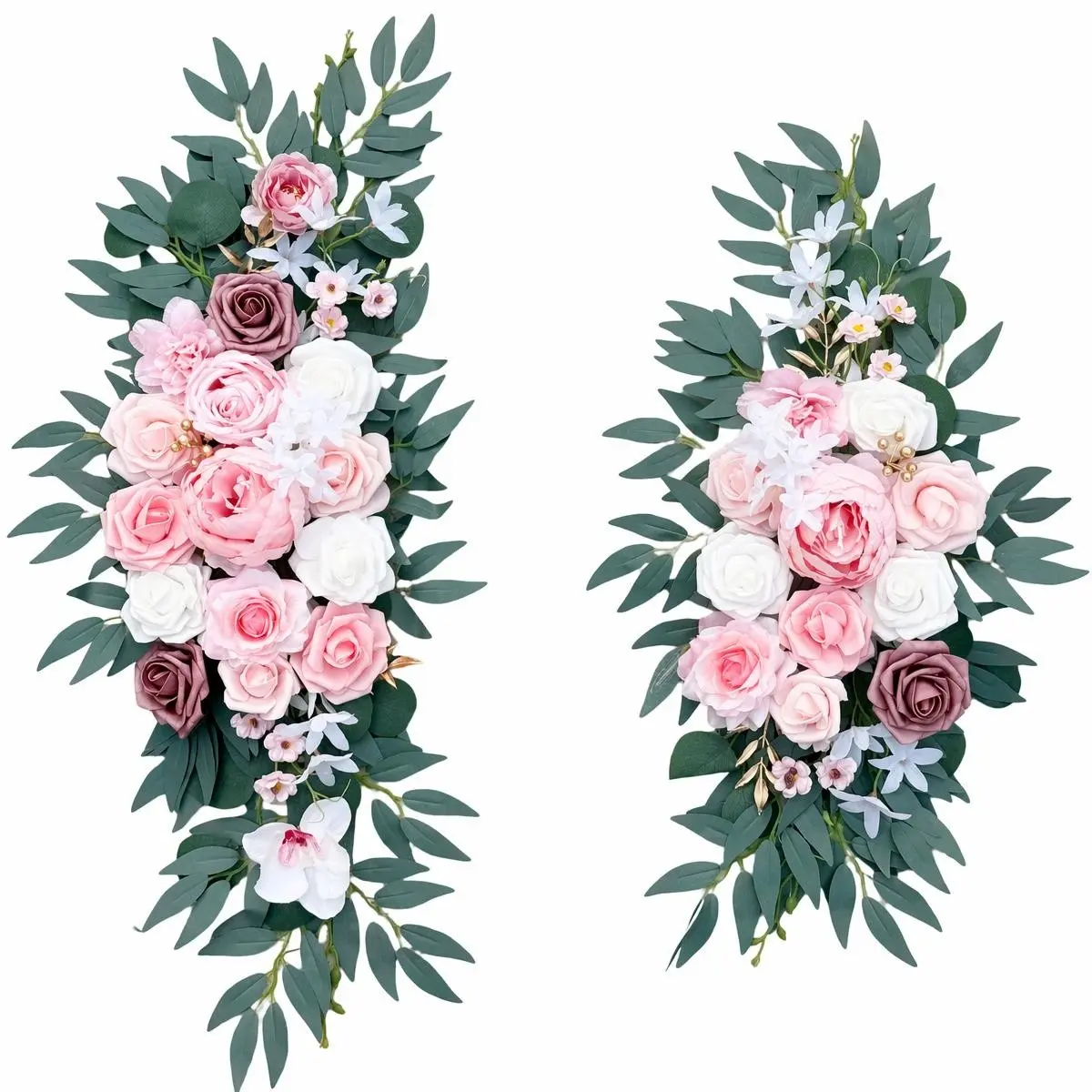 2 Pcs Elegant Pink Artificial Flower Wedding Arch Hanging Decor with Eucalyptus Leaves, Pre-Made Vine Floral Swags for Wedding Arch, Wall, Party, Shop Decoration, Birthday Party Backdrop