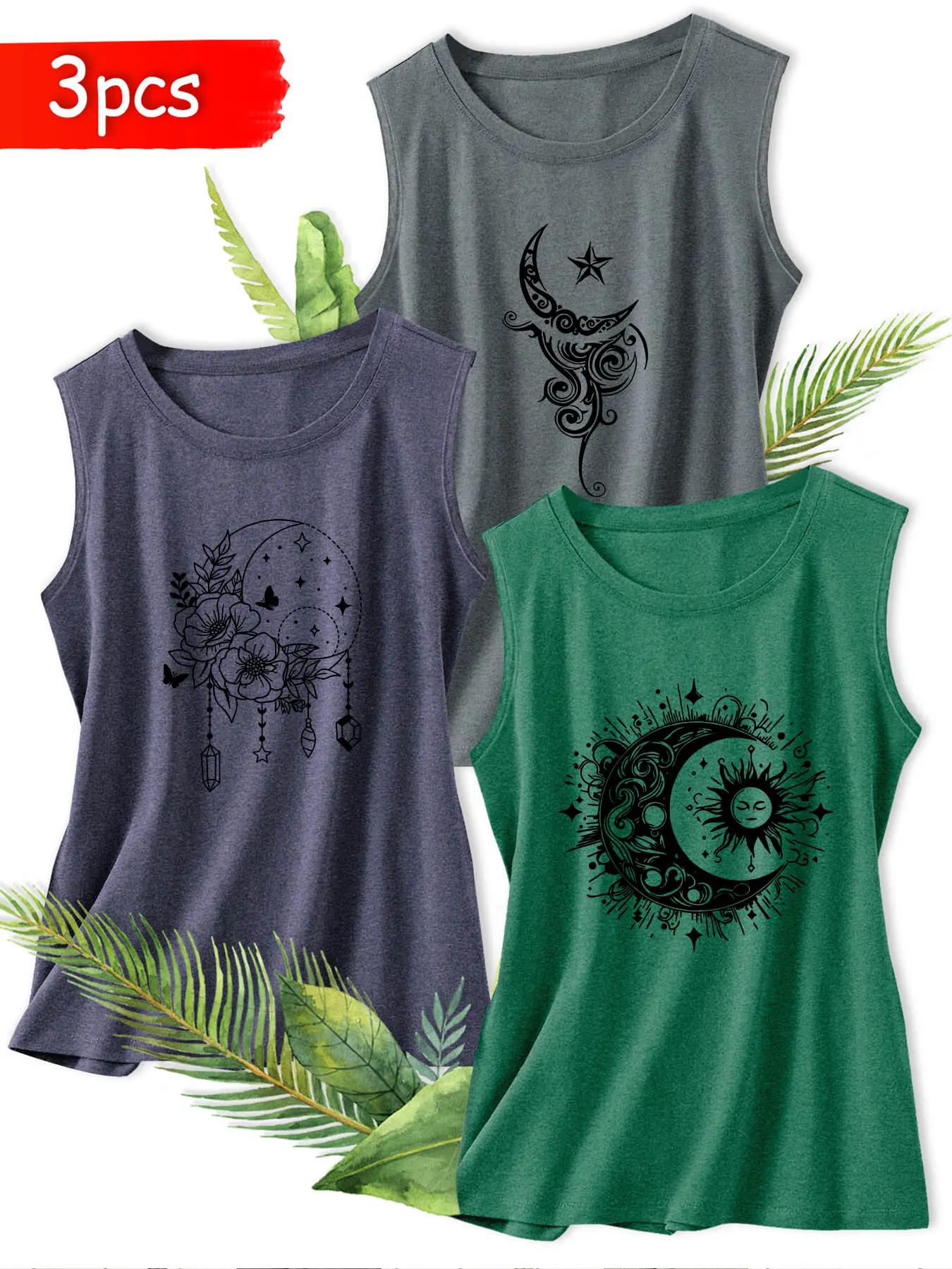 3Pcs Women Crew Neck Sleeveless Fitted Tank Top,Vintage Floral Crescent Moon Print,multi-color,washable,soft summer vest
