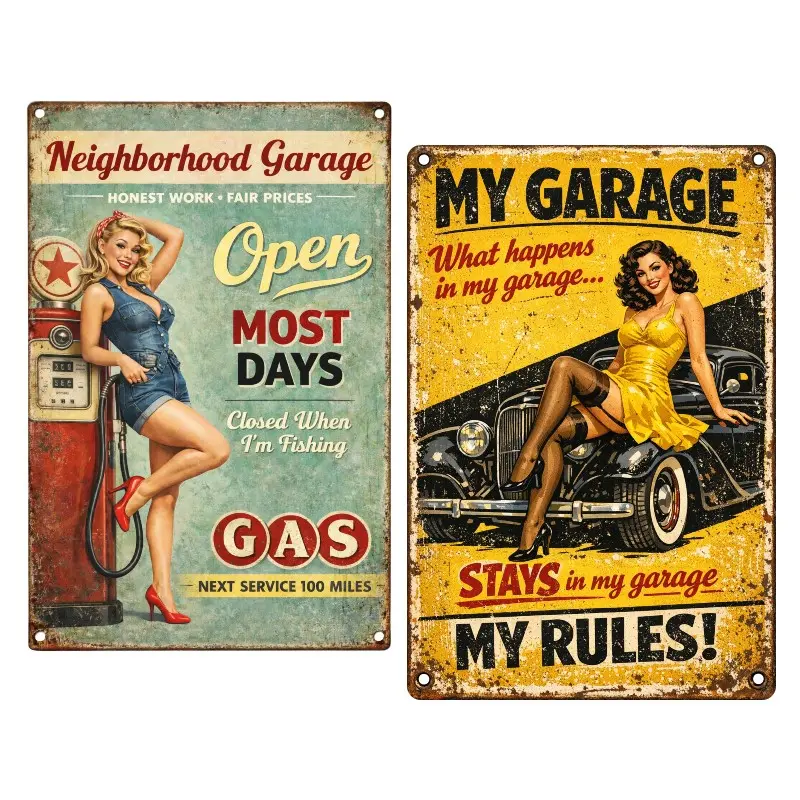 2Pcs Retro Pinup Girl Garage Metal Poster Wall Art, Classic Prints, Vintage Classic Auto Gas Station Tin Plaque for Man Cave, Bar, Garage Decor, Home Wall Decor