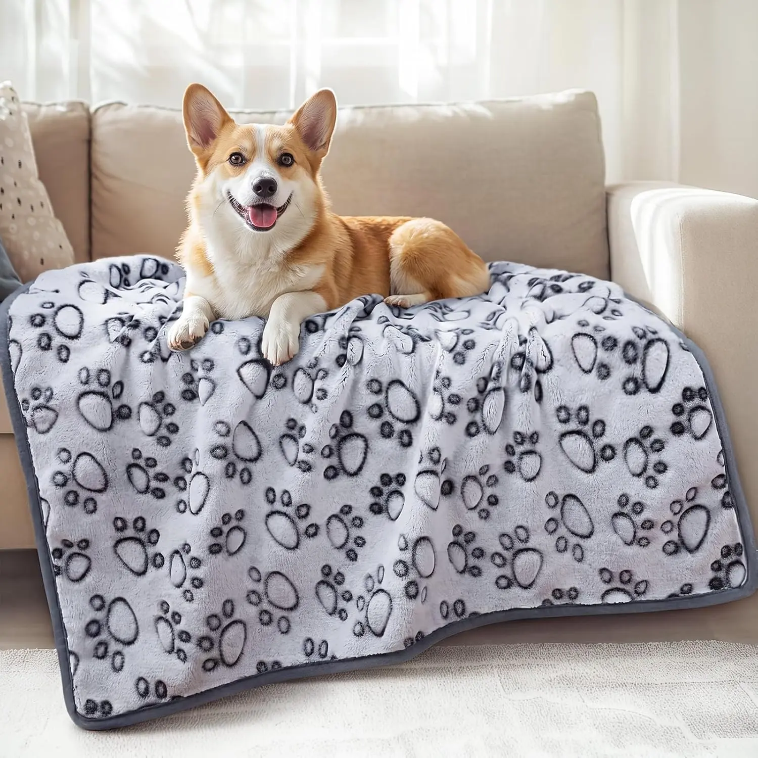 Premium Soft Dog Blanket - 300GSM 100% Double-Sided Fleece (Polyester), Washable for Washer & Dryer, All Year Warmth, Multi-Size Paw Prints Design, for Small/Medium/Large Dogs, Hiking Use, L (41"x31")