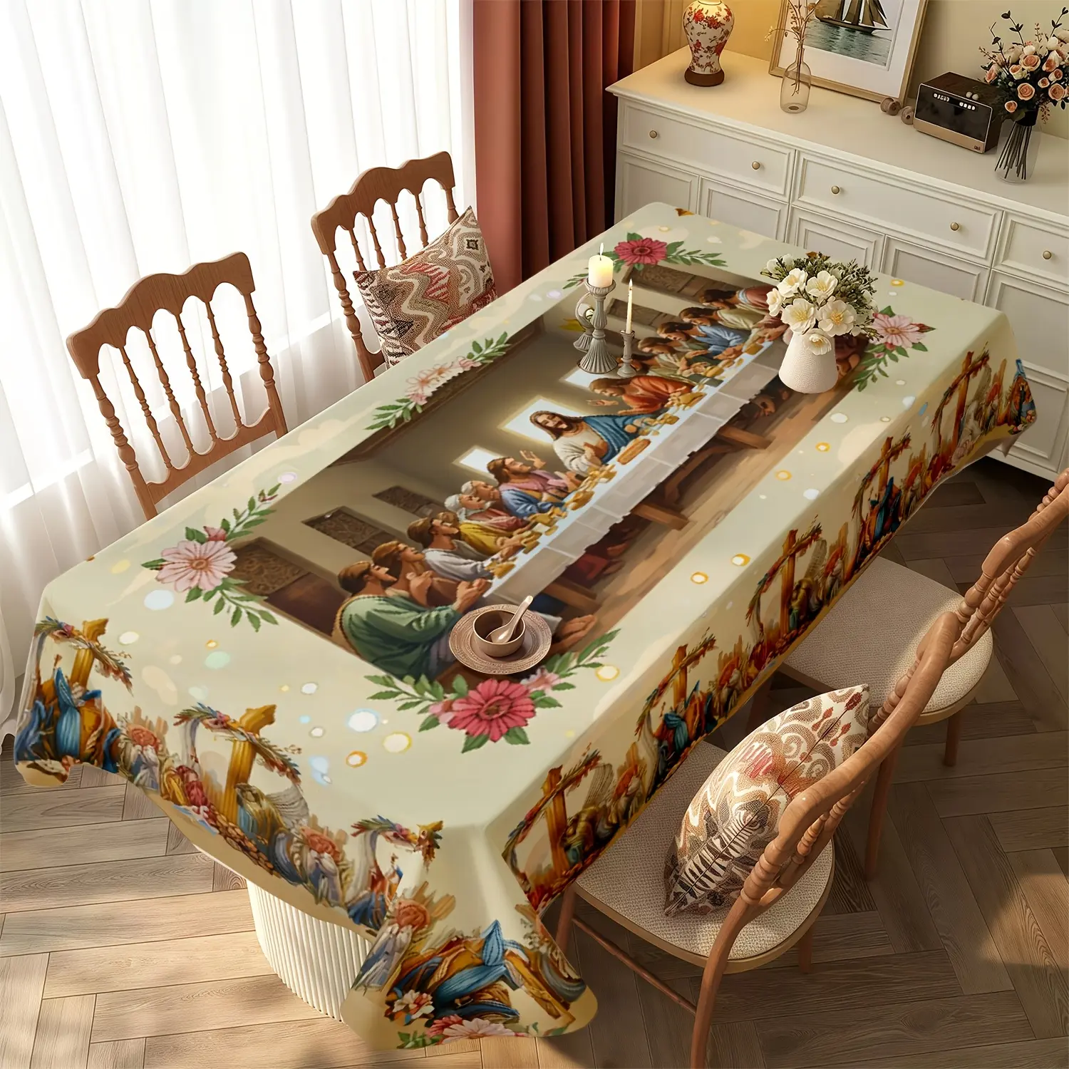 1 piece of religious art tablecloth design for the Last Supper, featuring a golden cross, floral frame, and angel decoration, suitable for Dining, church events, communion celebrations, dinner parties, Bible scenes, and elegant retro style