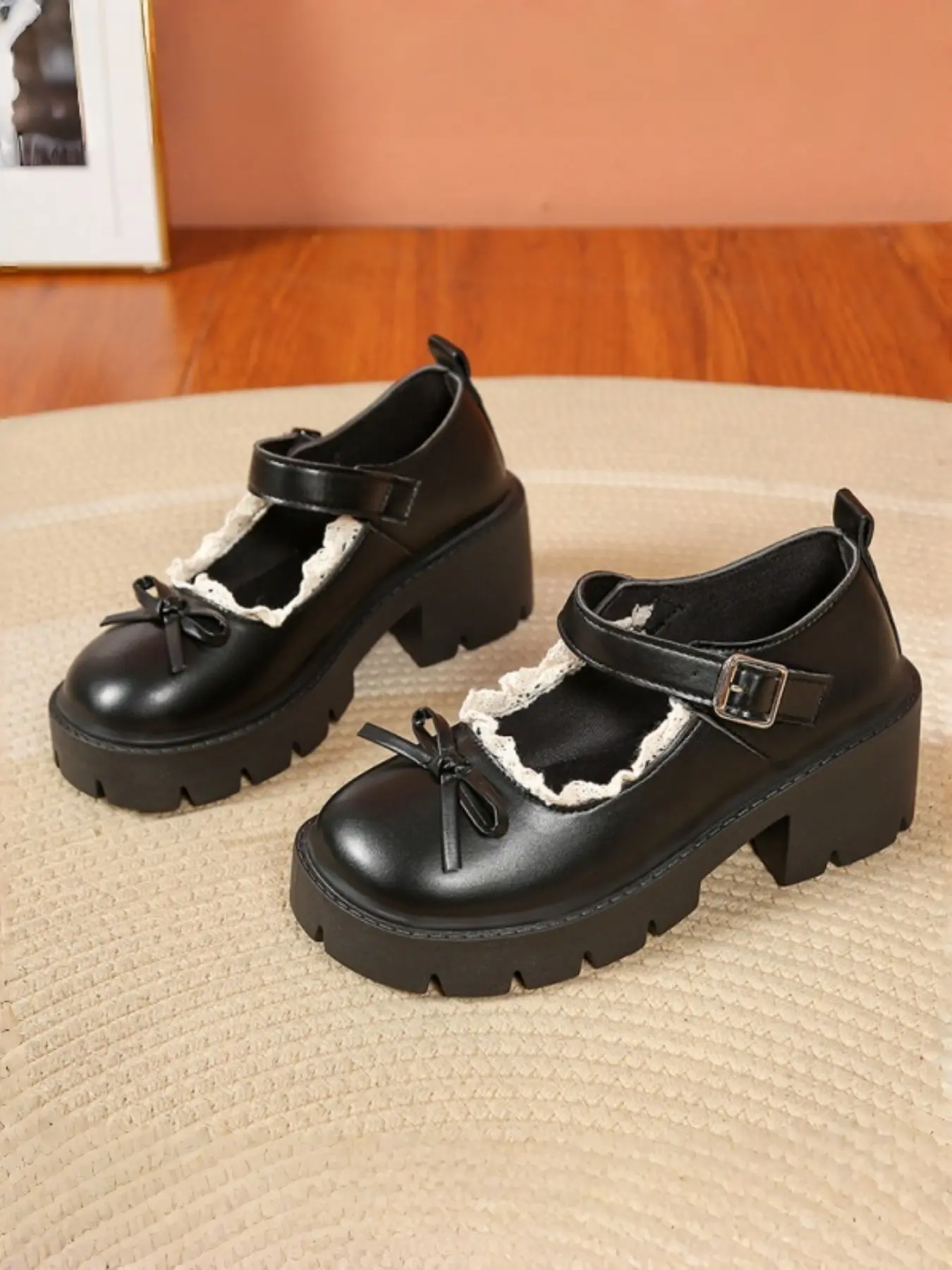 Japanese Style Sweet Lace Butterfly Mary Jane Shoes for Women, Thick Sole Anti-Slip Heel, Casual & Formal Wear