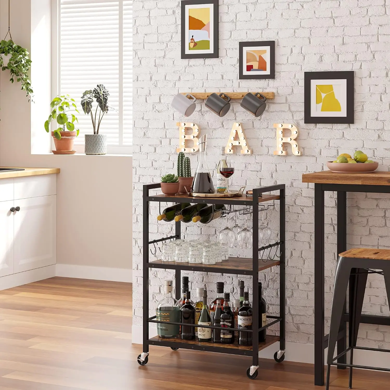 Bar Cart with Wheels, Drink Cart with Wine Rack and Glass Holder | 3-Tier 23.7 Inch Wide Home Bar Serving Carts, Small Mobile Kitchen Shelf with 6 Hooks, Rustic Brown