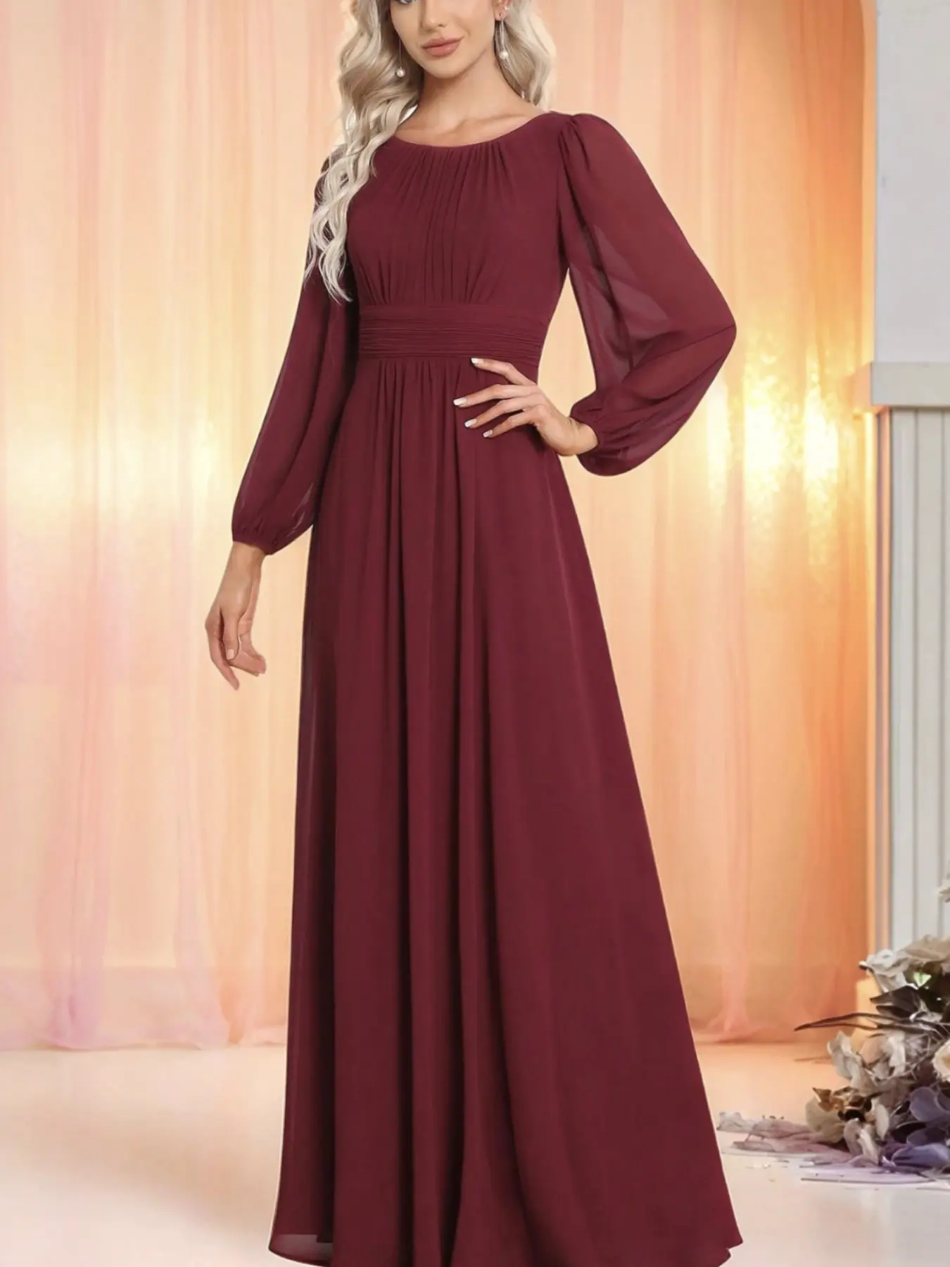 Christmas New Year Dress, Wine Long Sleeve, Waist Cinch Slimming Formal Party Dress, Wedding Bridesmaid Long Dress, Elegant Evening Gown, Women, Classy Modest Dresses