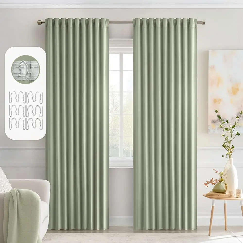 Sage Green Back Tab Blackout Curtains 52x90 Inch Long 2 Panels Set| Rod Pleated, Thermal, Room Darkening, Light Blocking, Privacy Curtains for Living Room Bedroom