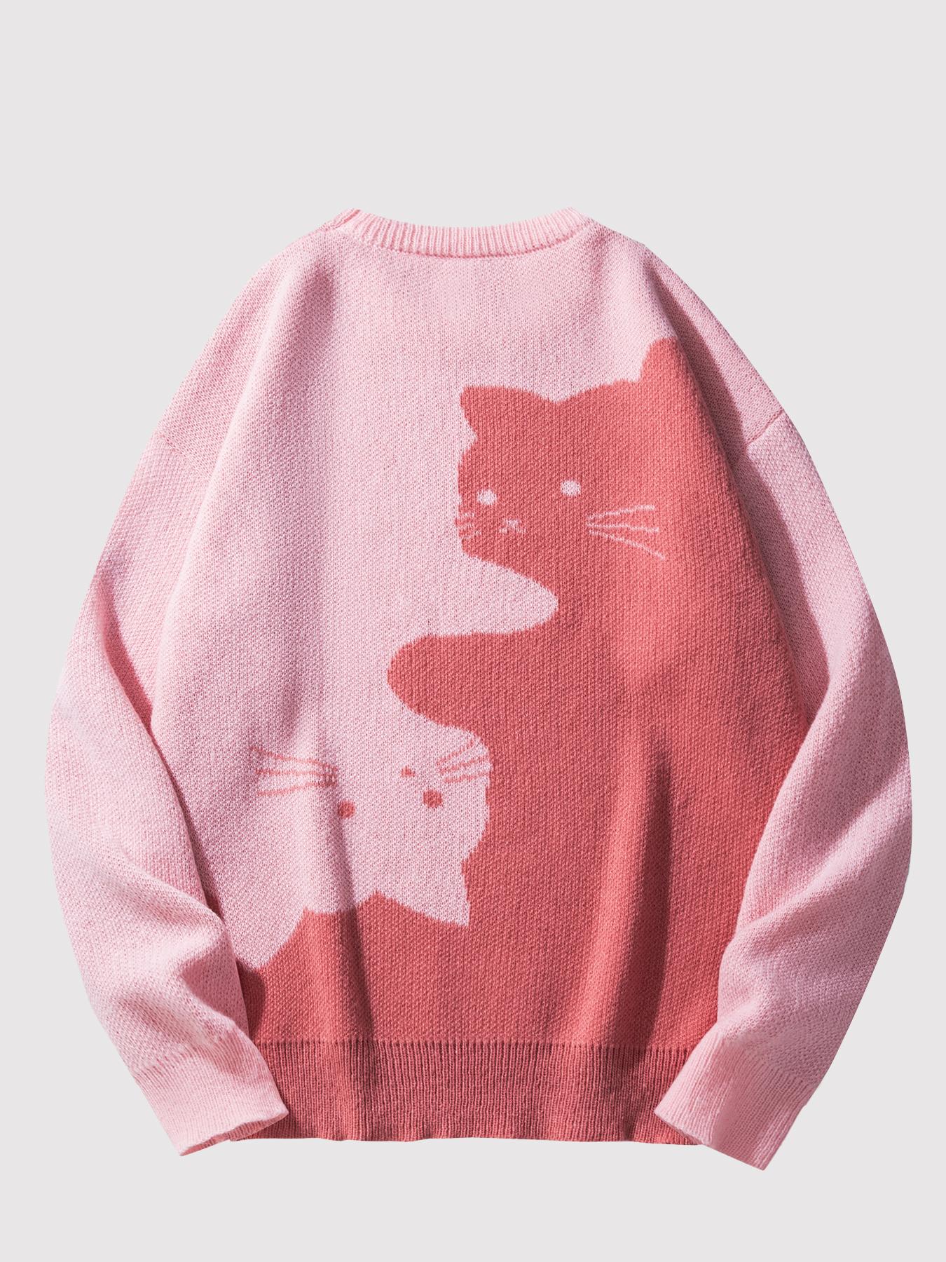 Men's Cute Baggy Cat Print Knit Pullover - College-Style Round Neck Long Sleeve Polyester Sweater for Autumn Winter Casual Wear, Boyfriend Birthday Gift, Oversized Loose Mens Top to Match Jeans