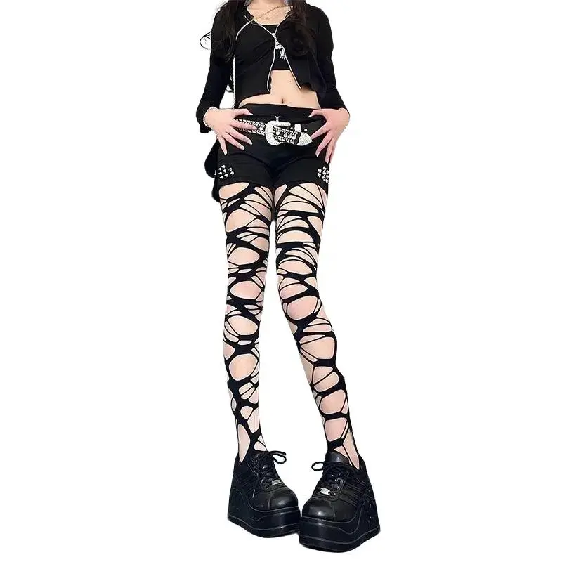 Gothic Ripped Fishnet Tights for Women, 2 Pieces High-Stretch Bold Goth Mesh Clothing for Casual Everyday Wear, Fits up to 70kg