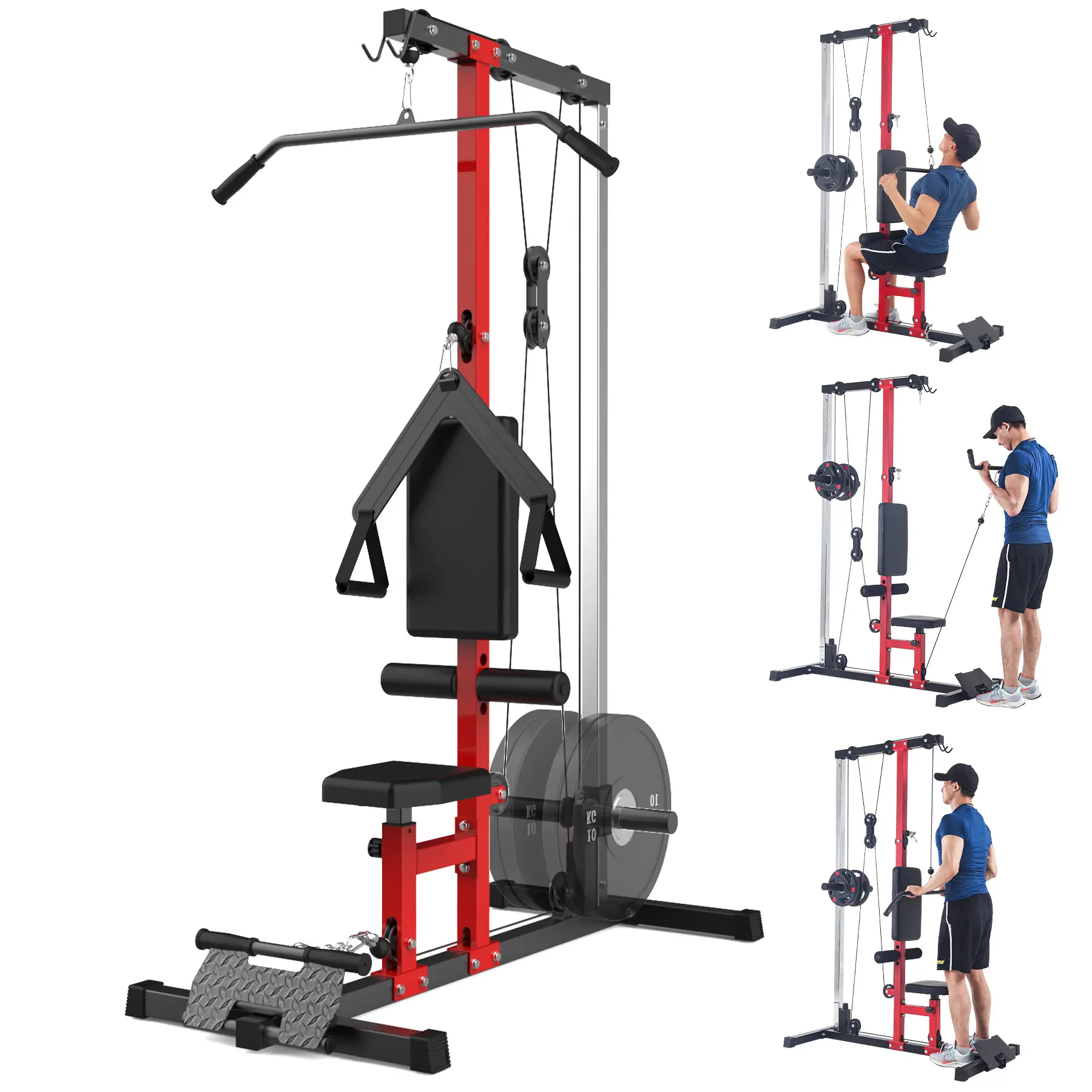 Multi-Functional Cable Pulley Tower - Floor-Mounted Carbon Steel Weight Lat Pulldown Machine with Low Row Station for Home Gym Strength Training