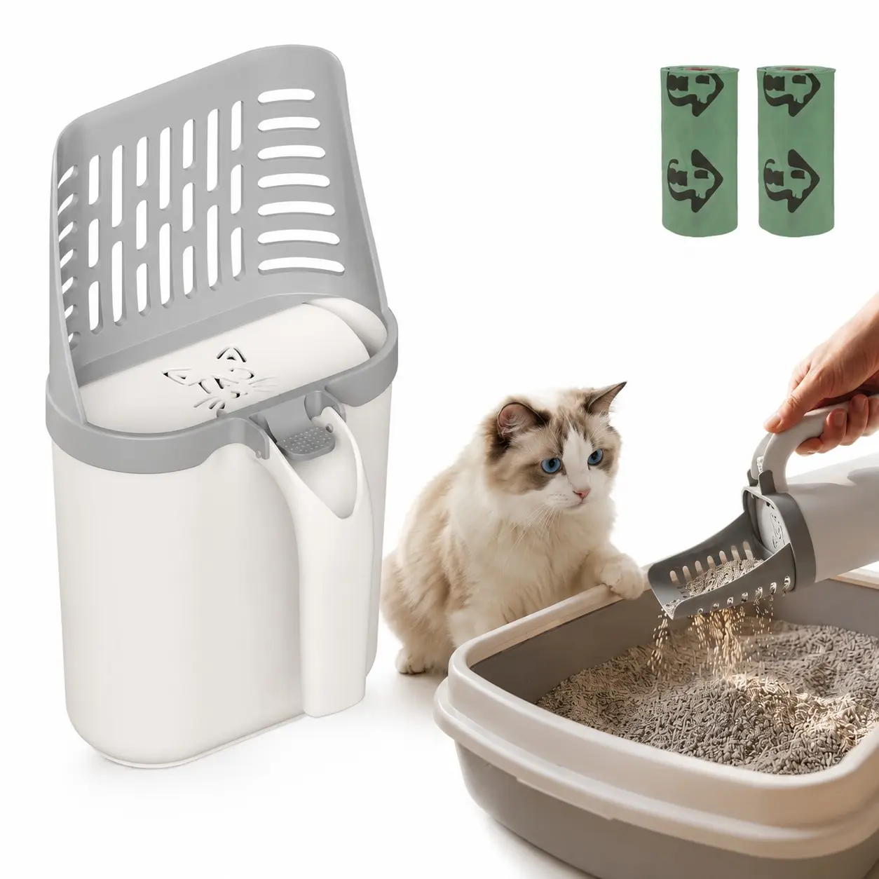 Integrated Cat Litter Scoop Set, Detachable Large Capacity Poop Bag, Convenient Pet Waste Management Tool, Essential Cat Owner Accessory, Litter Box Scooper
