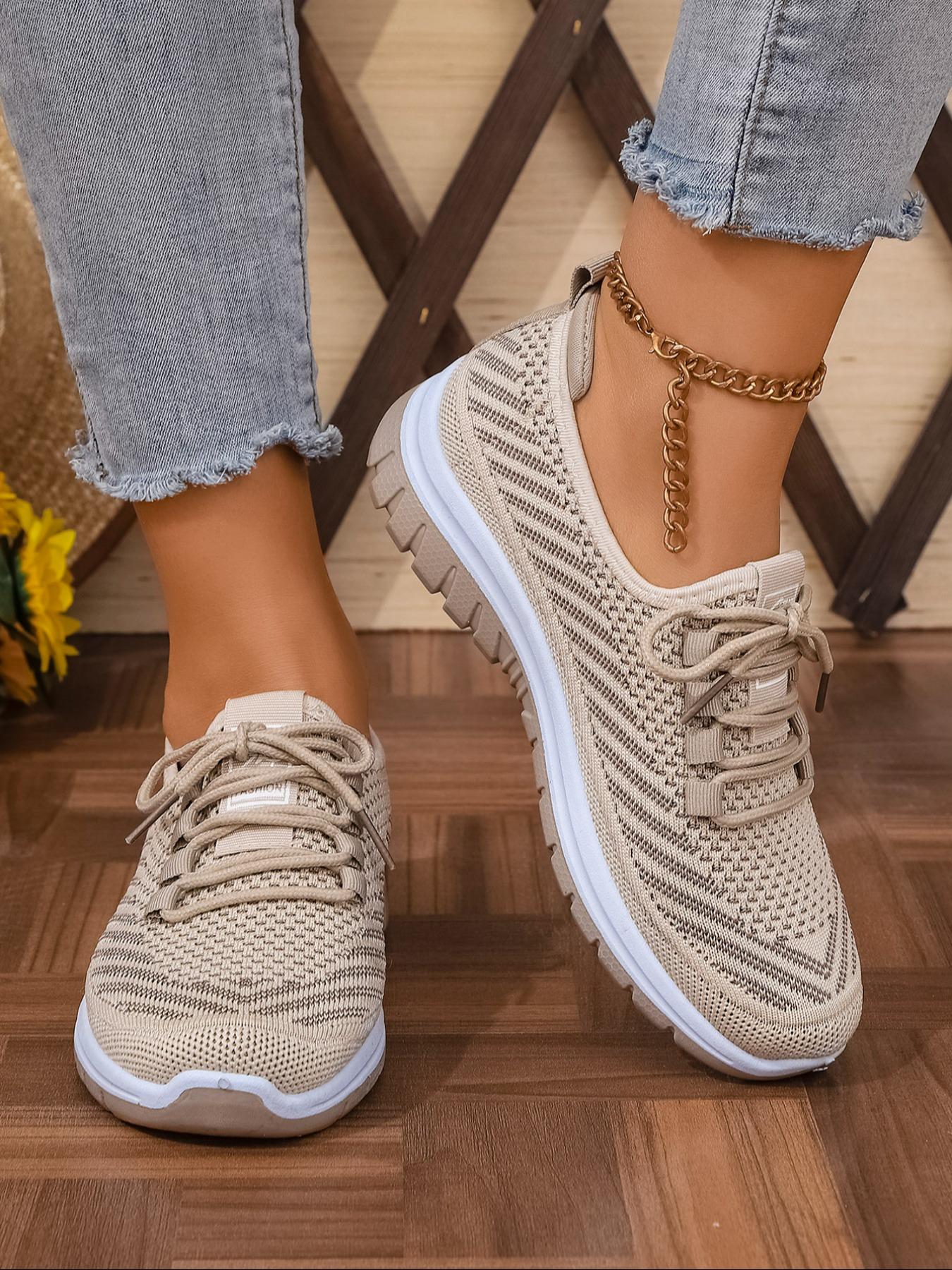 Women's Plus Size Casual Sneakers, Knitted Running Shoes, Lightweight Comfortable Travel Running Shoes, Low Top Anti-Slip Lace-Up Sports Shoes for Outdoor Activities