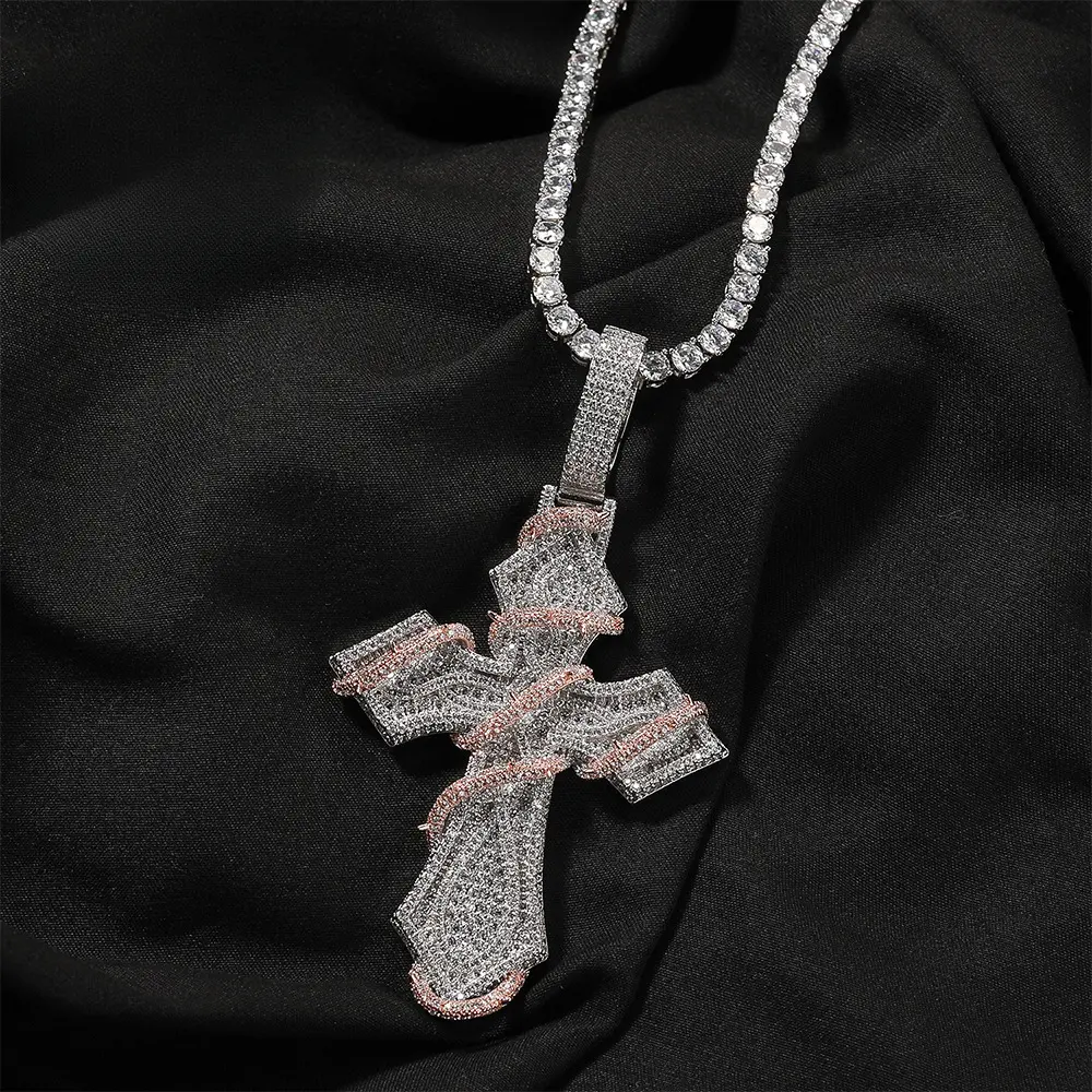 Loveden Men's Iced Full Pave  Cross Pendant Necklace, Silver 3mm Twisted Rope Chain, Hip Hop Religious Bling Jewelry for Rappers Streetwear Club Party, Birthday Valentine Christmas Gift for Boyfriend Him Hip Hop Fashion Fans & Street Style Wear Lovers