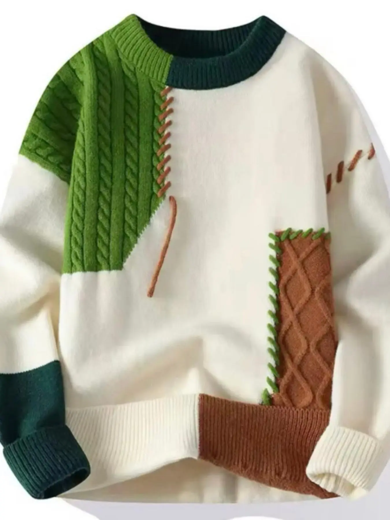 Men's Color Block Patchwork Cable Knit Sweater, Crew Neck Long Sleeve Pullover, Stitched Contrast Knitted Jumper, Soft Warm Loose Fit Top for Men Autumn Winter Casual Street Daily Outfits, Polyester Knit Pullover