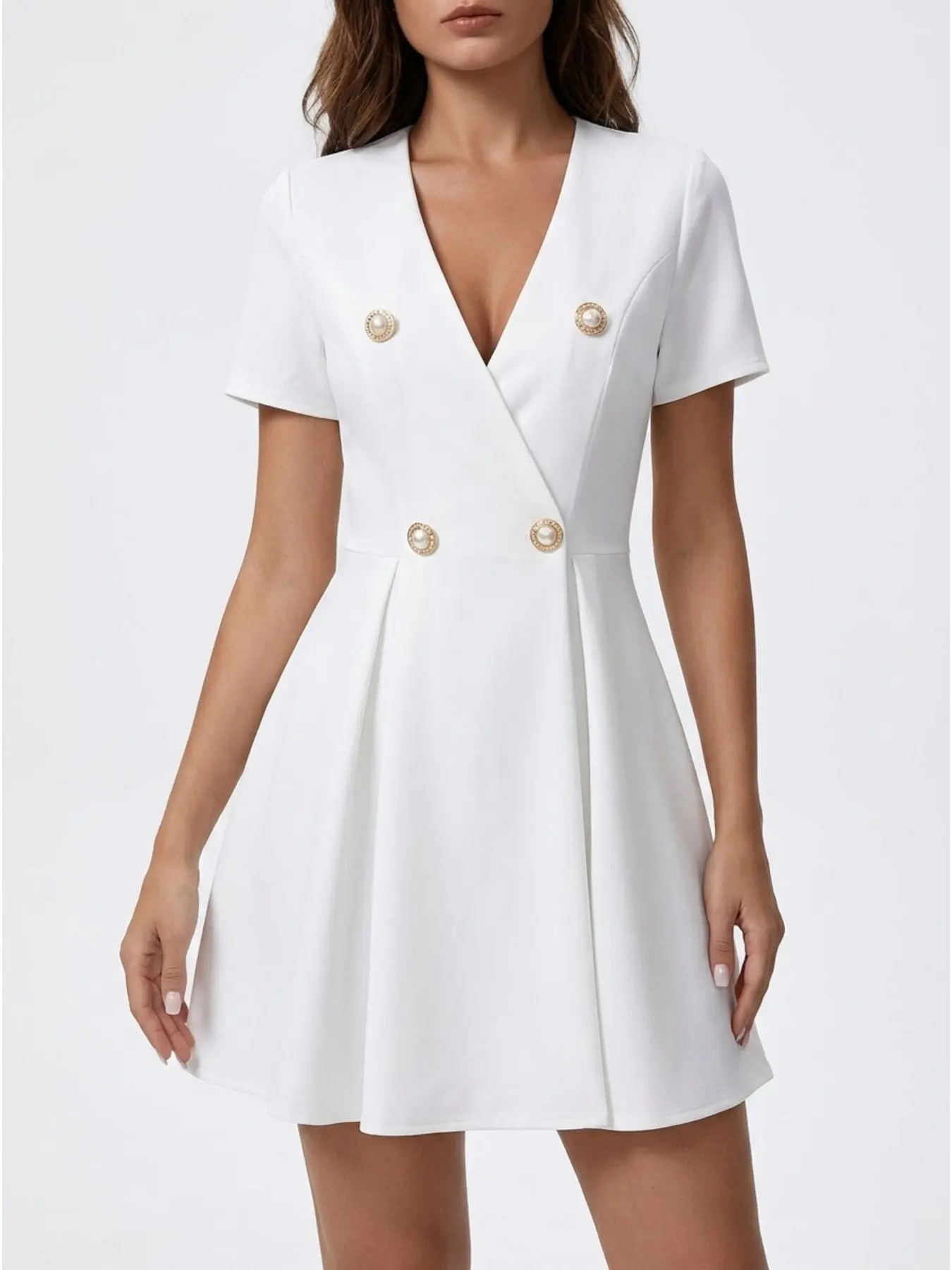 Women Summer Elegant Two Piece Outfit, Cross Wrap Belted Mini Skirt & Short Sleeve Button Front Dress, Stylish Casual Daily Vacation Fashion Set