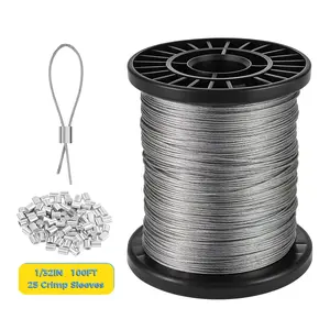 1/32 Inch 316 Stainless Steel Wire Rope, Ideal for String Lights, Clothesline, Grid Rack, 100ft with 25 Crimp Sleeves, 200ft with 50 Crimp Sleeves