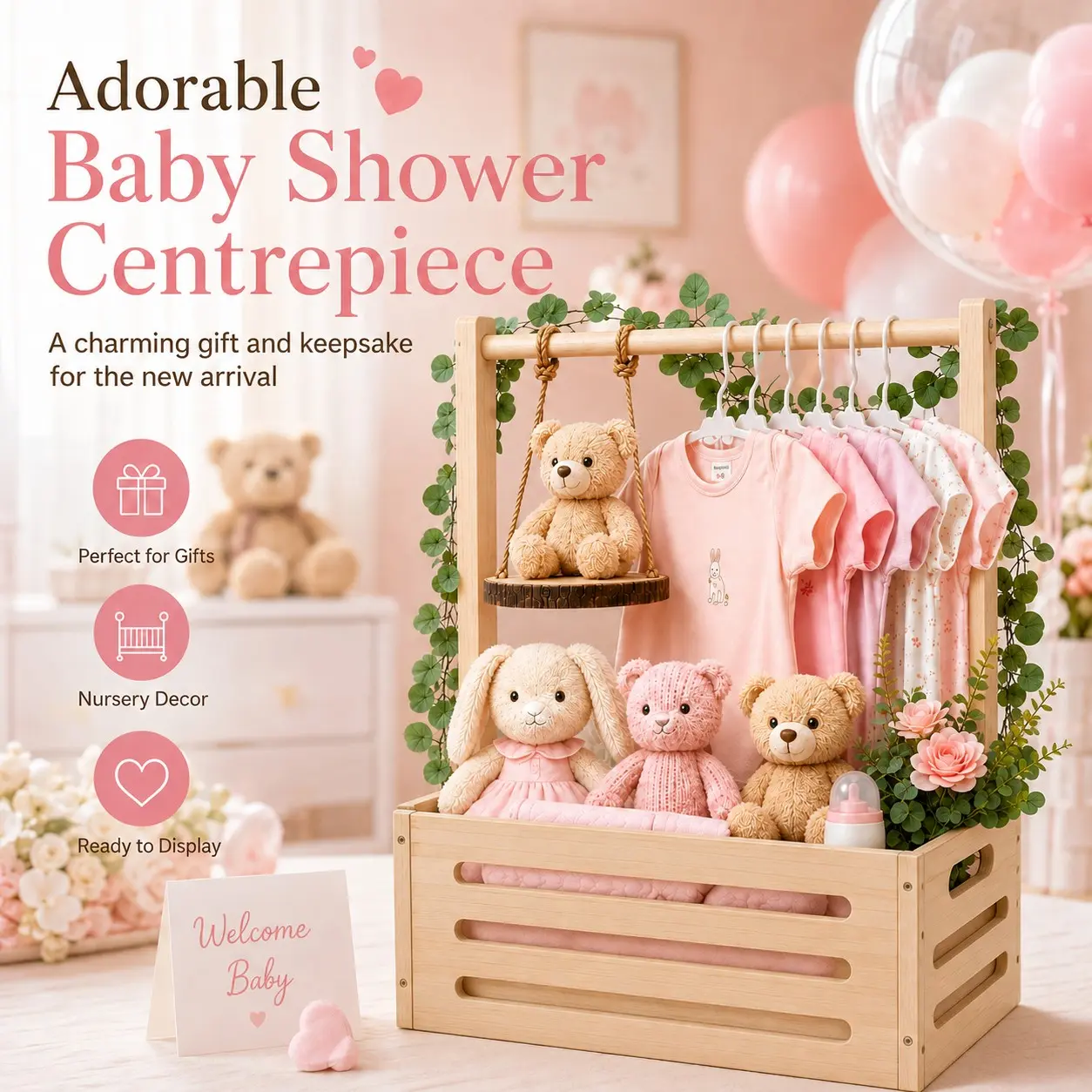 Wooden Baby Shower Crate with Handle and Swing, Baby Basket Box with Balloon Wreath Clips, Perfect Gift for New Parents