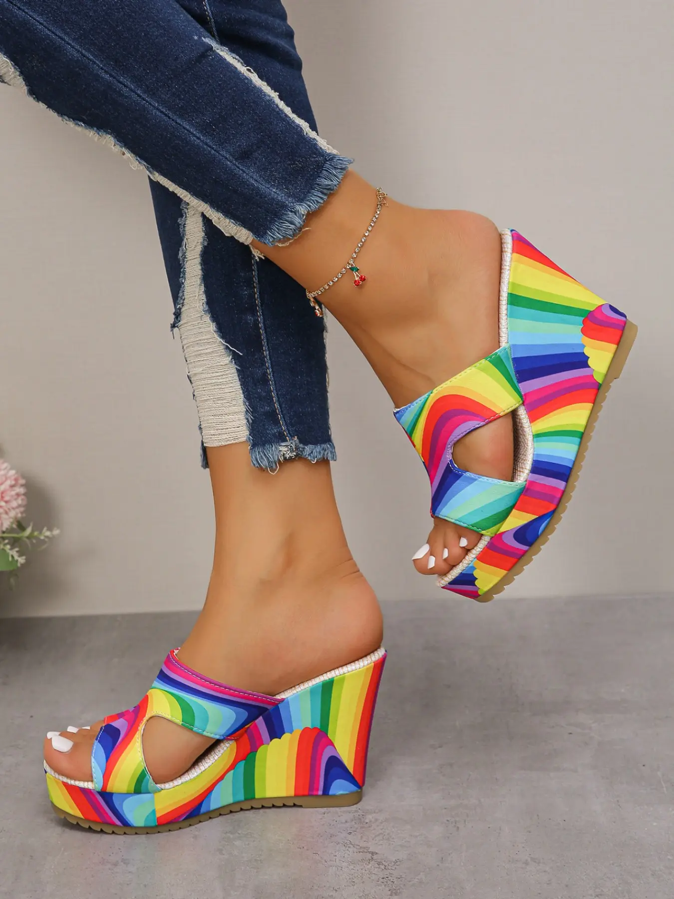 Women's Bright Rainbow Striped Wedge Sandals, One-Piece Colorful Thick Sole Hollow Out High Heel, Versatile Summer Footwear