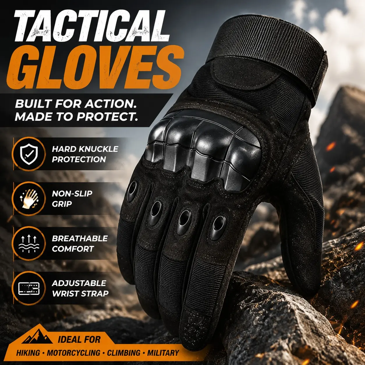 Heavy-Duty Tactical Gloves for Men, Touchscreen Full-Finger Motorcycle Riding Gloves with Hard Knuckle Guard, Breathable Non-Slip Palm & Adjustable Fit