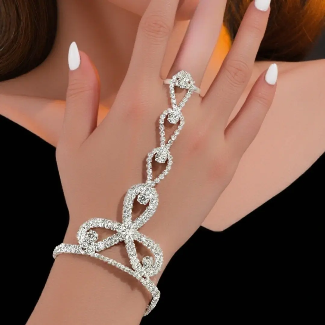 Women's Elegant Rhinestone Hand Chain Bracelet with Ring, Sparkling Crystal Statement Jewelry for Parties & Events, Bracelets, Statement Piece