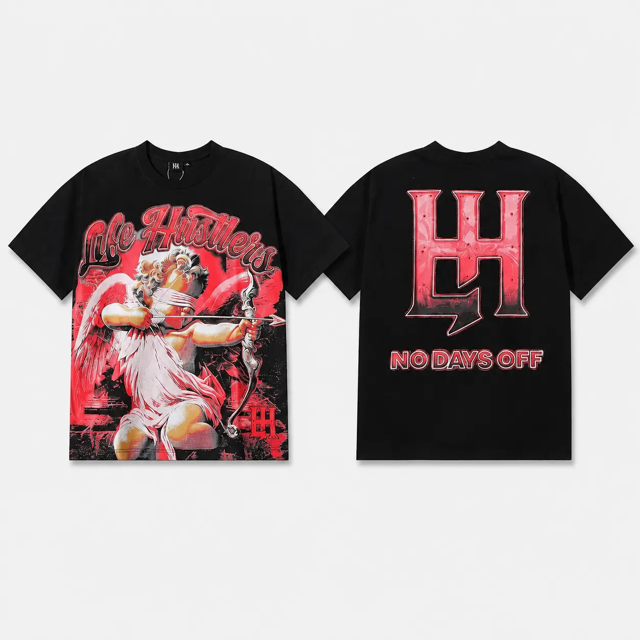 Unisex Rhinestone Graphic T-Shirt, Life Hustlers Masked Angel Archery Print Tee, Cotton Crew Neck Short Sleeve, Oversized Streetwear Top, Y2K Hip Hop Casual Shirt for Men Women