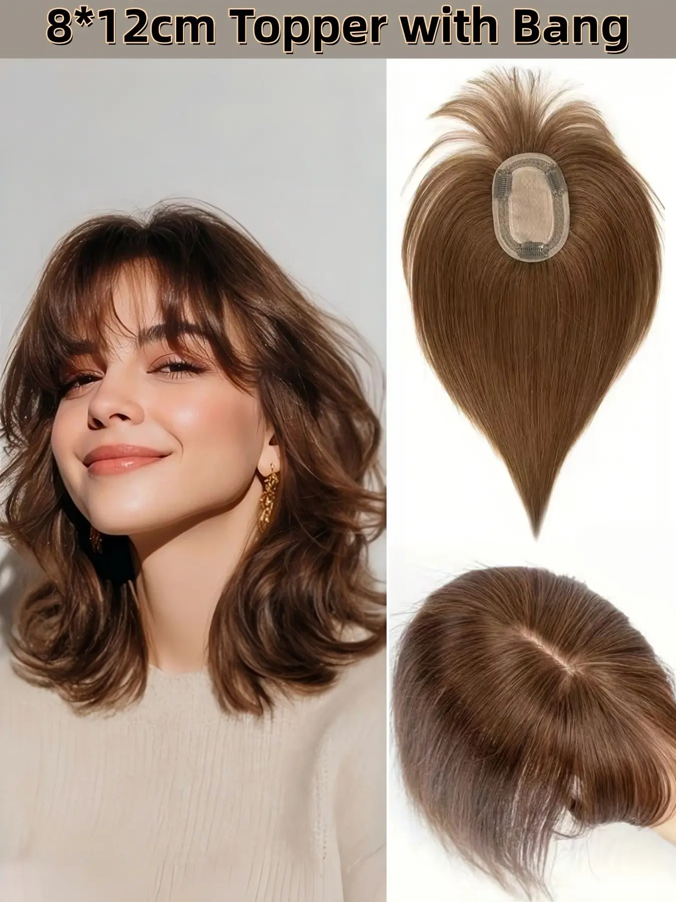Crown Topper Hair Pieces with Bangs, 8pcs 12cm Silk Base Clip in Topper, Voluminous Bangs & Straightening Highlights, Human Hair Extensions, Extension Hairpiece