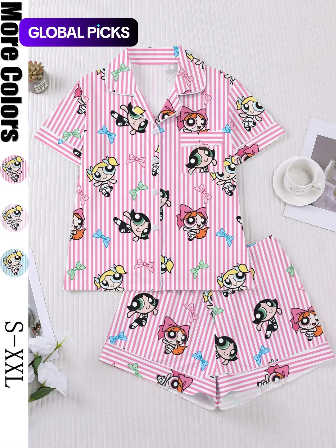 Women's Pajama Set with Cartoon Print, Short Sleeve Button Front Top and Elastic Waist Shorts, Comfortable All-Season Home Loungewear Nightwear