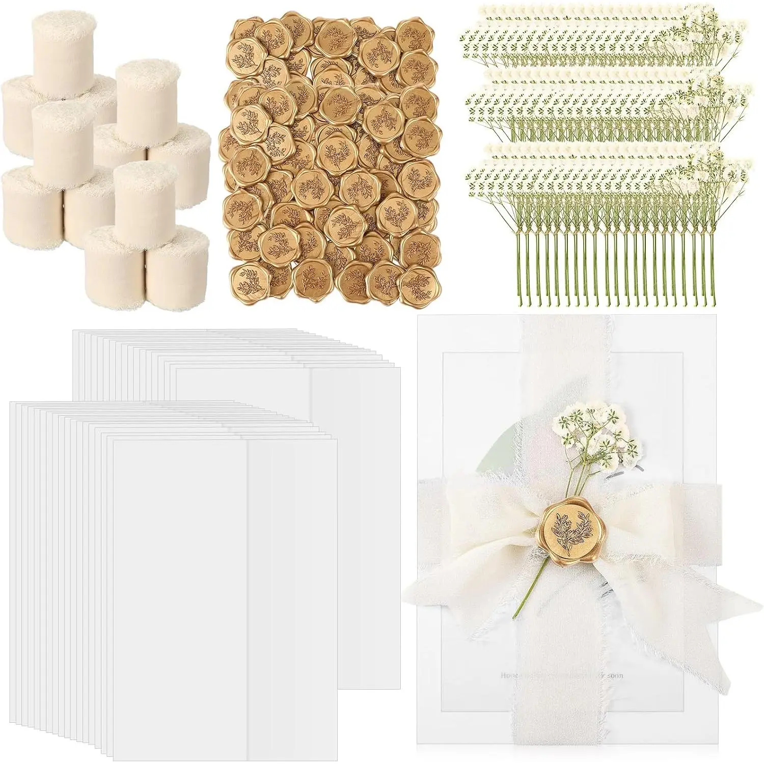 Classic Beige 30-Set Wedding Invitation Wraps Kit - Pre-Folded Vellum Jackets for 5x7 Invitations, Self-Adhesive Wax Seal Stickers, Dried Breath Chiffon Silk Ribbon (Office Stationery Cards Accessory), Chiffon Ribbon