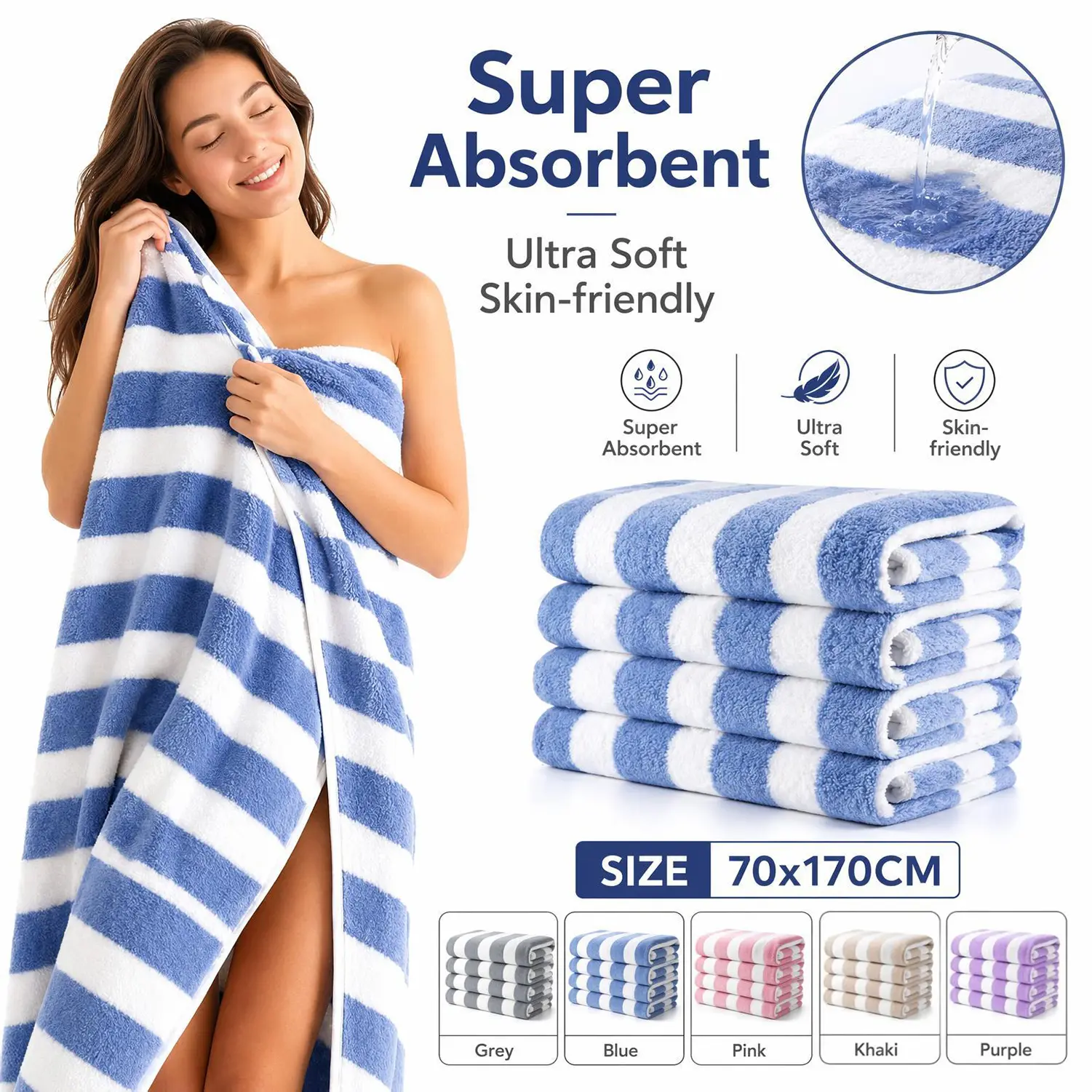 Oversized Large Microfiber Bath Towel Set - 2 or 4 Pack, Ultra Soft Fleece, Quick Drying, Super Absorbent, Breathable Stripes, Luxury Towels for Bathroom, Shower, Gift